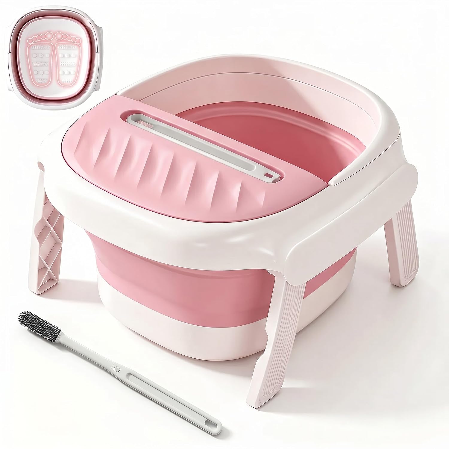 Collapsible Foot Bath Tub with Long Handle Foot Brush, Foldable Foot Soaking Tub with Insulated Lid & Sturdy Support Frame, Pedicure Foot Spa Basin for Men Women Home Travel (Pink)