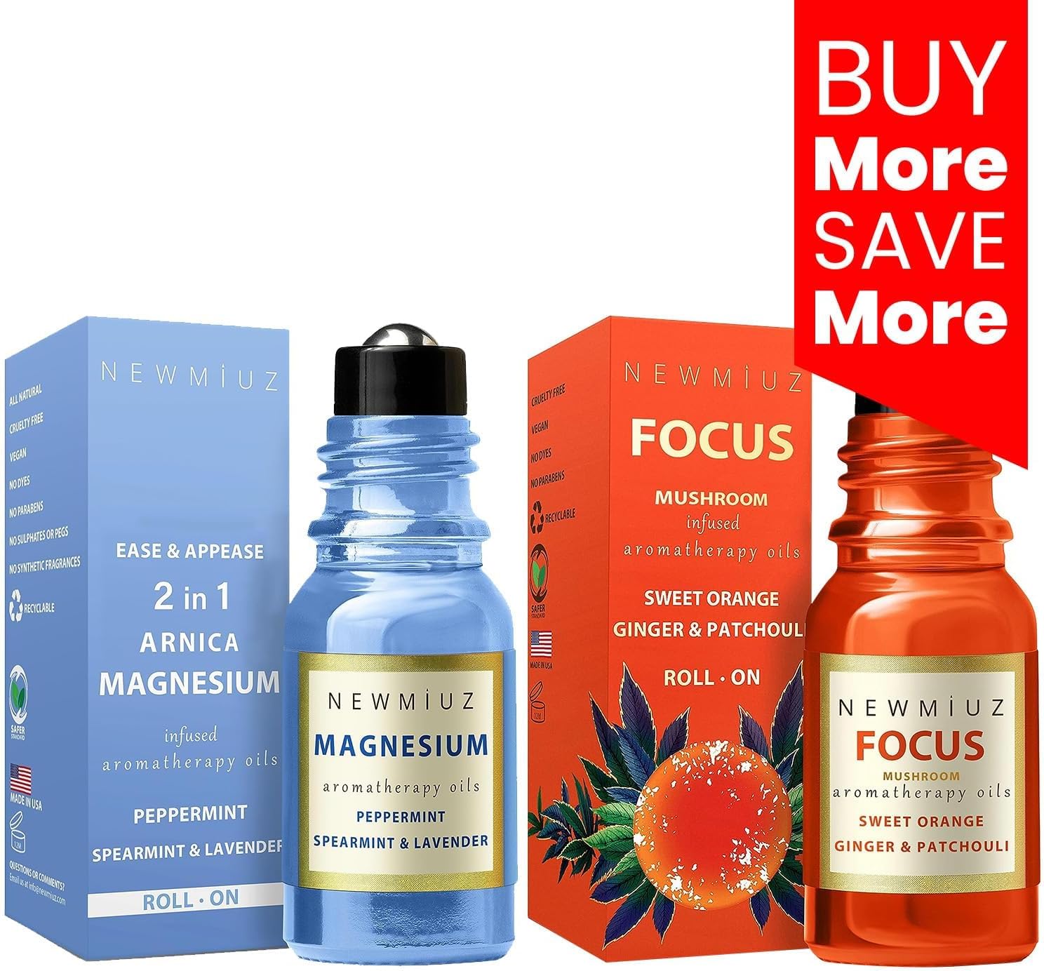 Roll-On Essential Oil Blends Focus Memory Concentration Orange Ginger Patchouli & Migraine Roll-On Essential Oil Blends Anti Stress Magnesium Peppermint Spearmint and Lavender Pack of 2