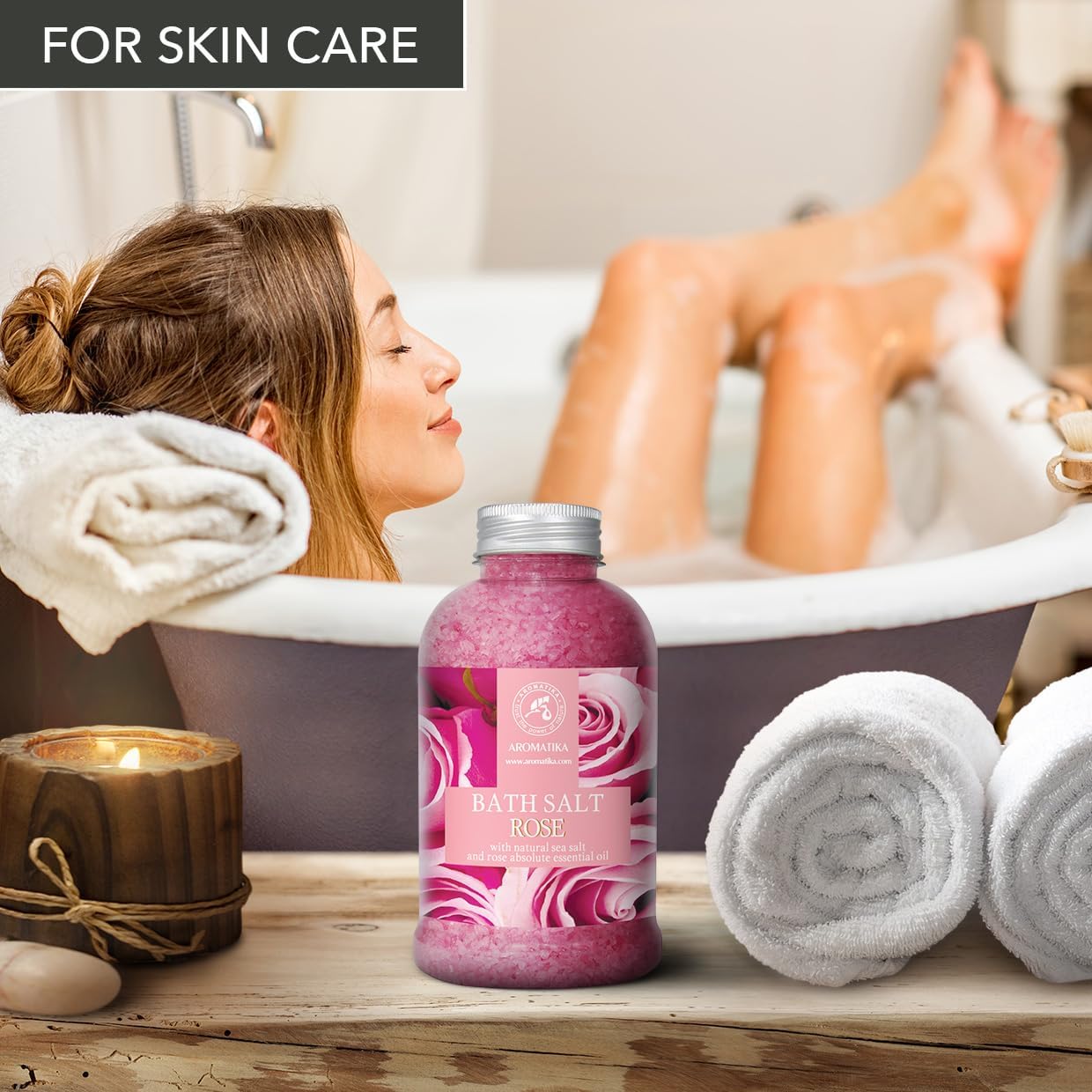 Rose Bath Salts 21.16 Oz - Natural Rosewood Oil & Rose Extract - Best for Relaxing - Good Sleep - Beauty - Bathing - Body Care - Wellness - Relax - Aromatherapy - Spa - De-Stress Bath Salts 600g