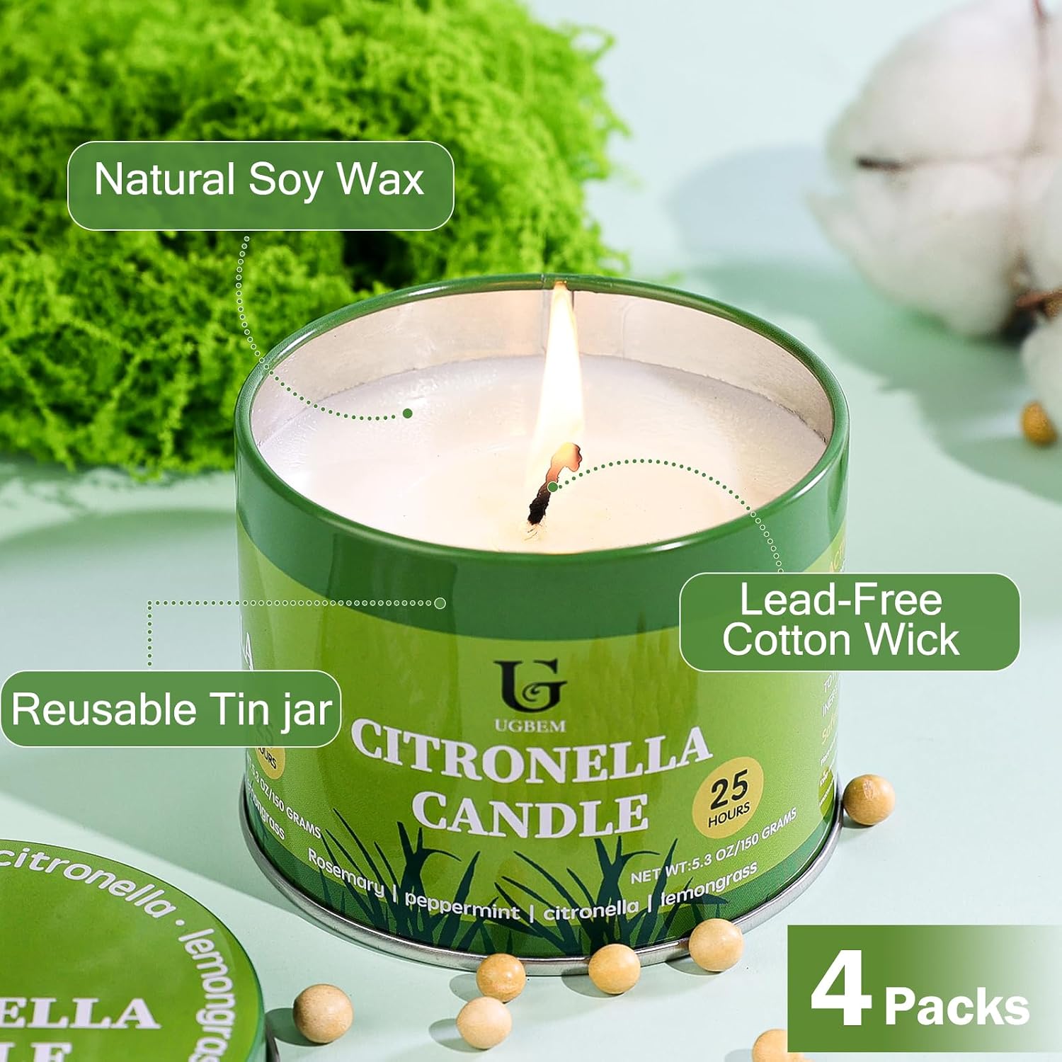Citronella Candles Outdoor, Natural Soy Wax Outdoor Candles for Patio Backyard Garden Camping, Citronella Essential Oil Blend with Rosemary Peppermint & Lemongrass, 25 Hour Burn Time, 4Pack5.3oz