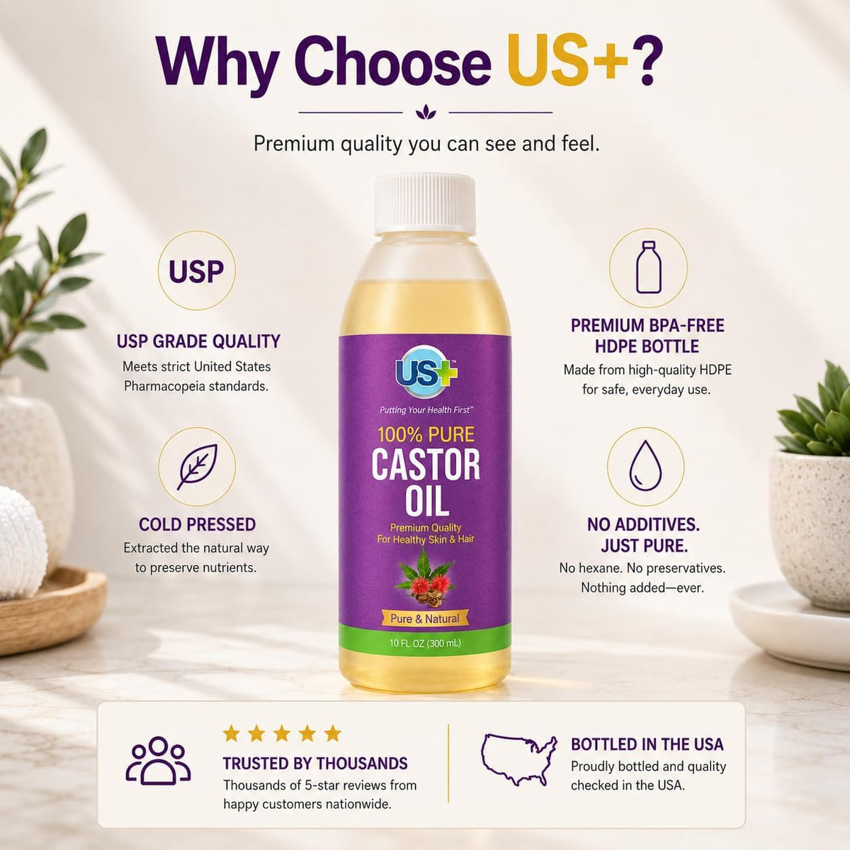 US+ Cold Pressed Castor Oil, 100% Pure, USP Grade - 10 Fl Oz (300 ml)
