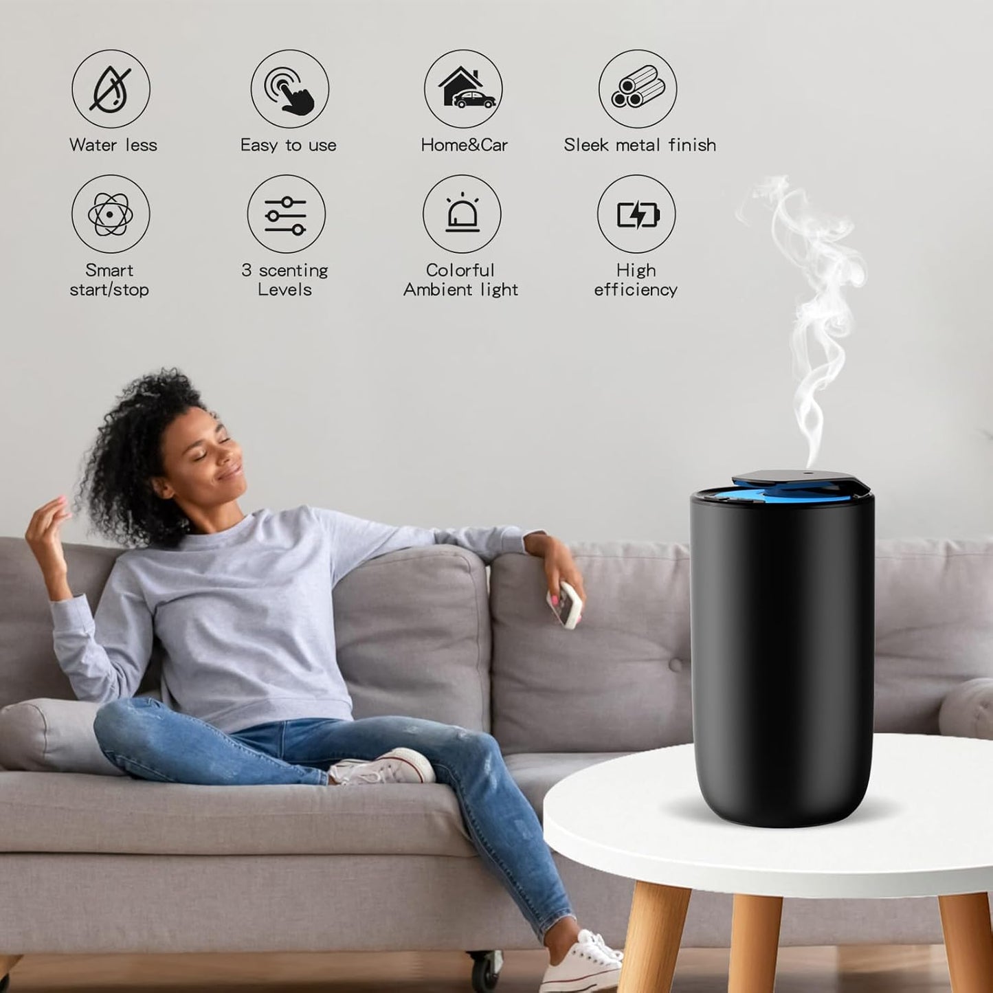 Waterless Car Essential Oil Diffuser, Premium Aluminum Alloy Cold-Air Atomizing Scent Machine Aromatherapy for Home/Office, Rechargeable, Smart Vibration Sensor, 3 Ambient Lights, Mess-Free - Titanium