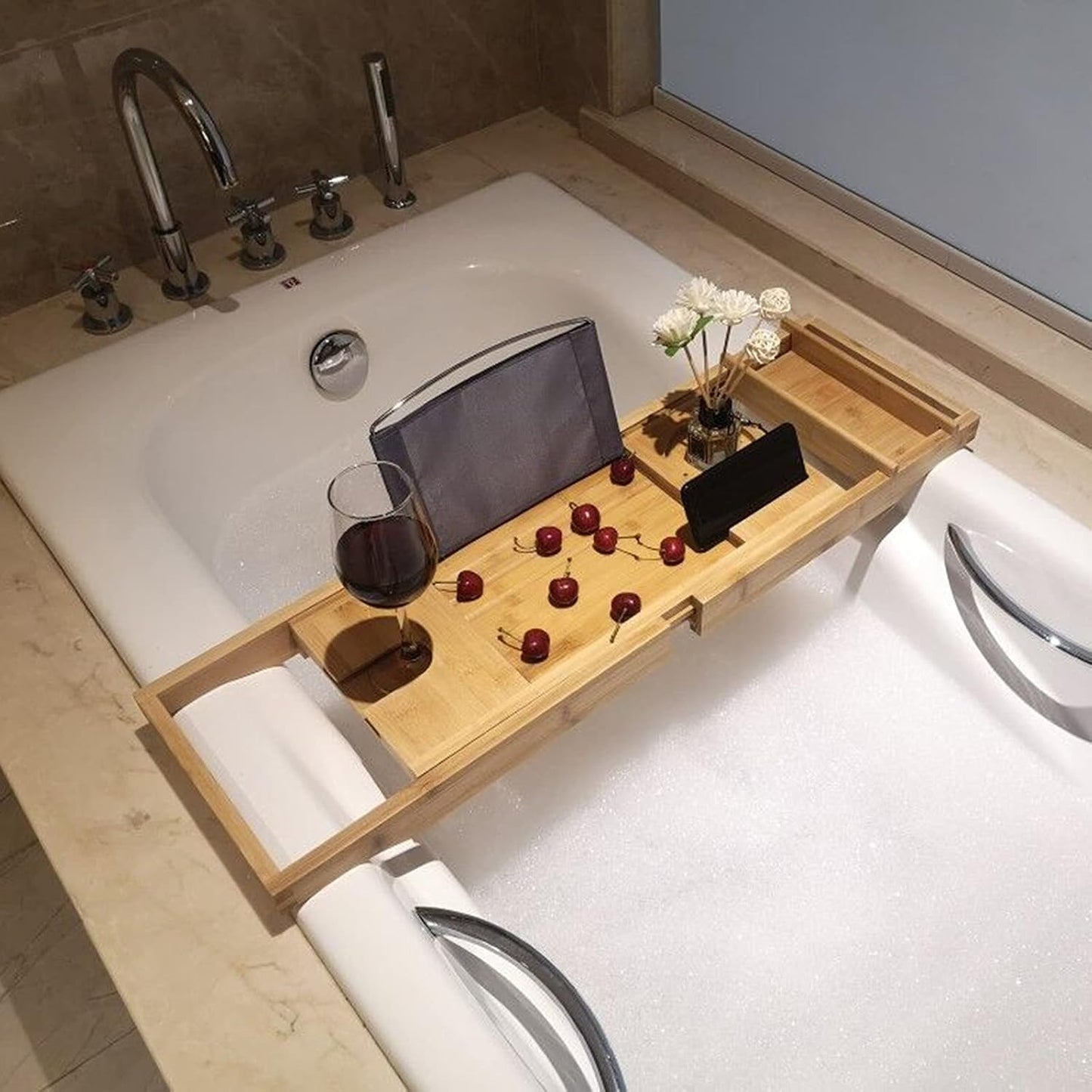 Bamboo Bathtub Tray Expandable Bathroom Tray for Home Spa Relaxation, Premium Foldable Wood Bath Table, Soap Dish, Book, Phone & Tablet Holder, Wine Glass Slot - Relaxing Bath Caddy
