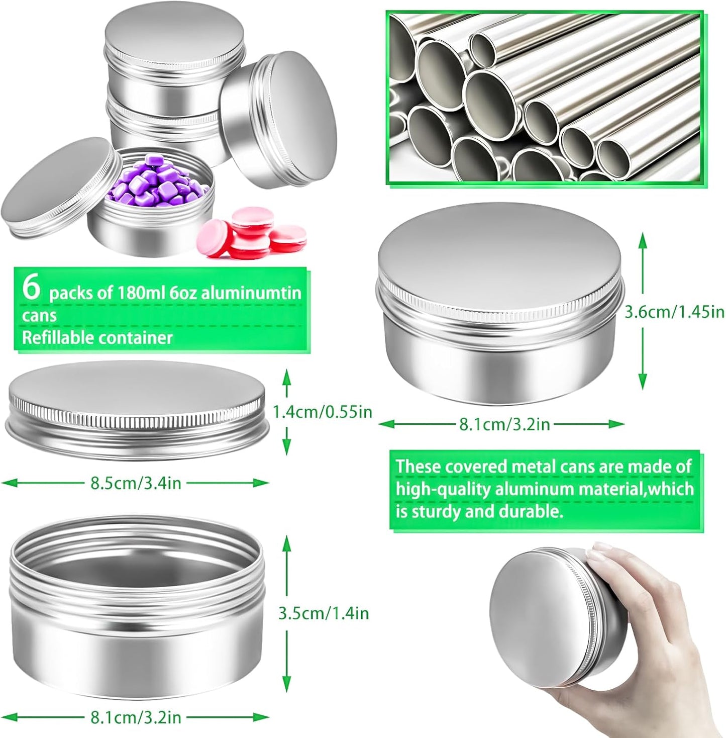 6 Pack 6oz Tin Jars, 180ml Metal Tin cans, 6ounce Aluminum tin can jar Containers with Screw Lid for Lotion Bars, Spices, Salve, Balms, Beard Balm, Sample, Toiletries, Creams, Makeup Cosmetic