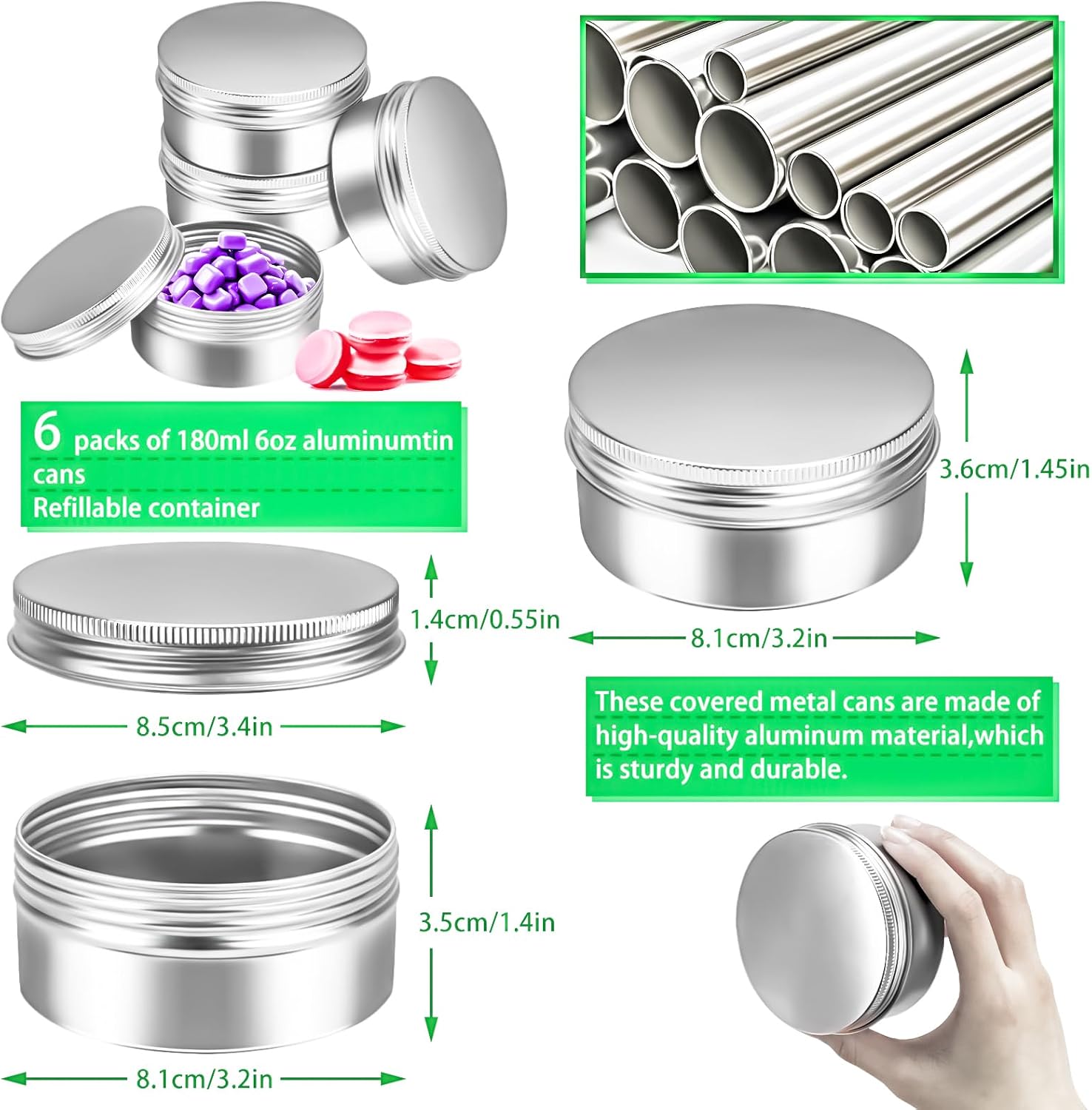 6 Pack 6oz Tin Jars, 180ml Metal Tin cans, 6ounce Aluminum tin can jar Containers with Screw Lid for Lotion Bars, Spices, Salve, Balms, Beard Balm, Sample, Toiletries, Creams, Makeup Cosmetic