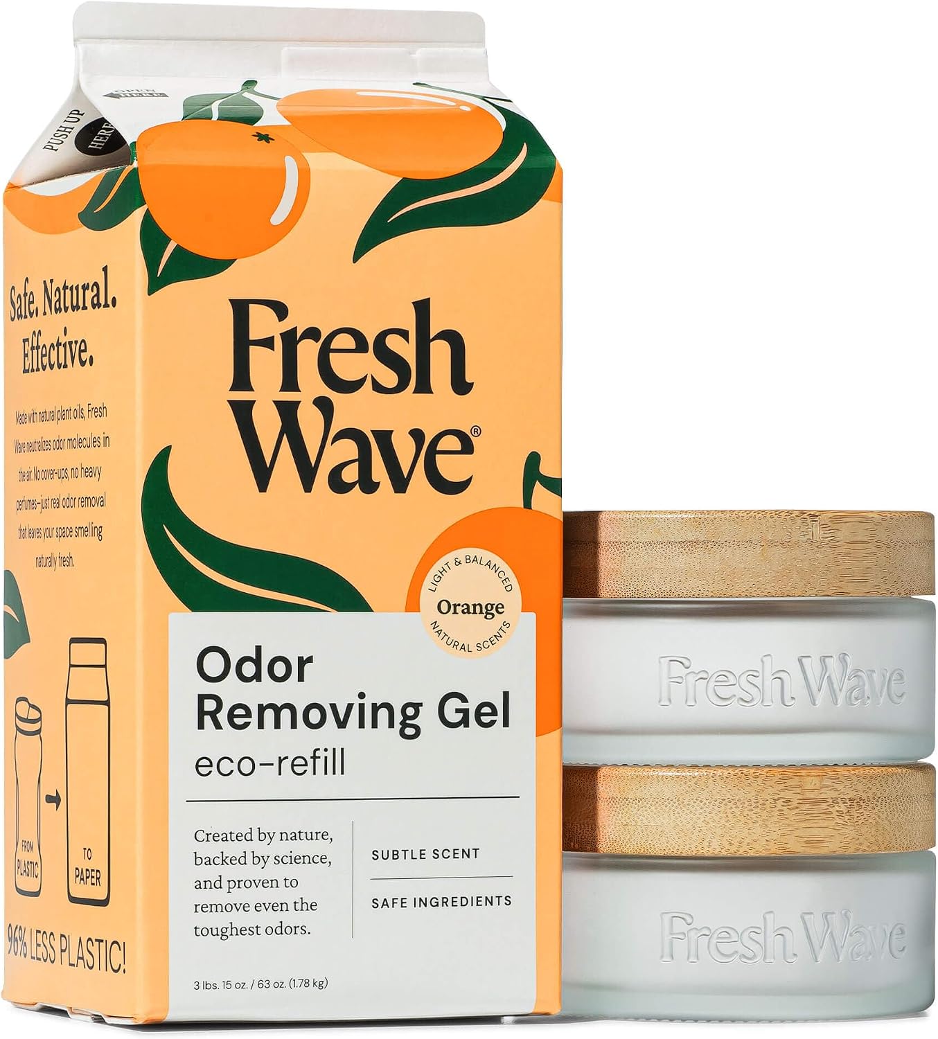 Fresh Wave Odor Removing Gel Eco-Refill, 63 oz. Orange Scent | 2 Empty Refillable Glass Jars | 2 Room Set
