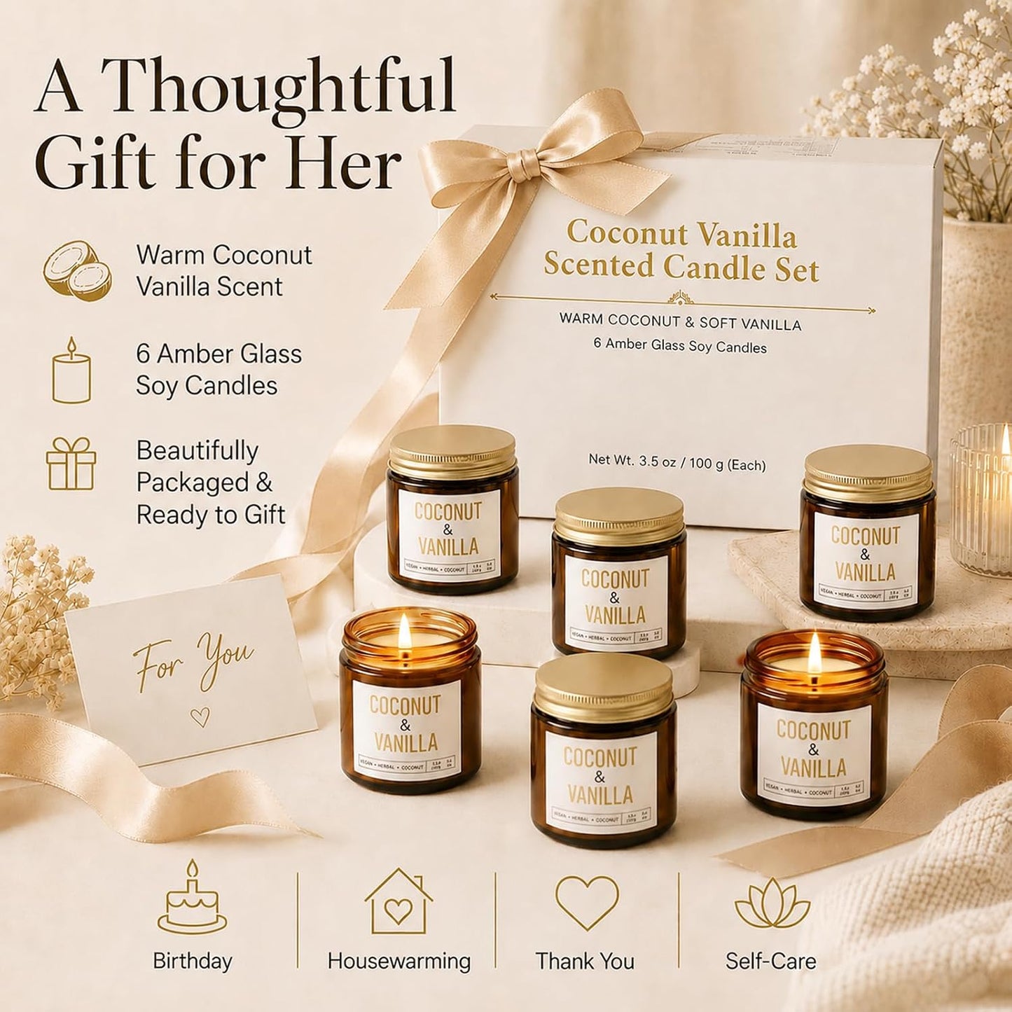 Coconut Vanilla Candles, 6 Pack Scented Candles 3.5 oz Each, 21 oz Total Soy Candles in Amber Glass Jars, Aromatherapy Candle Set for Home, Bathroom, Gifts for Women and Mom
