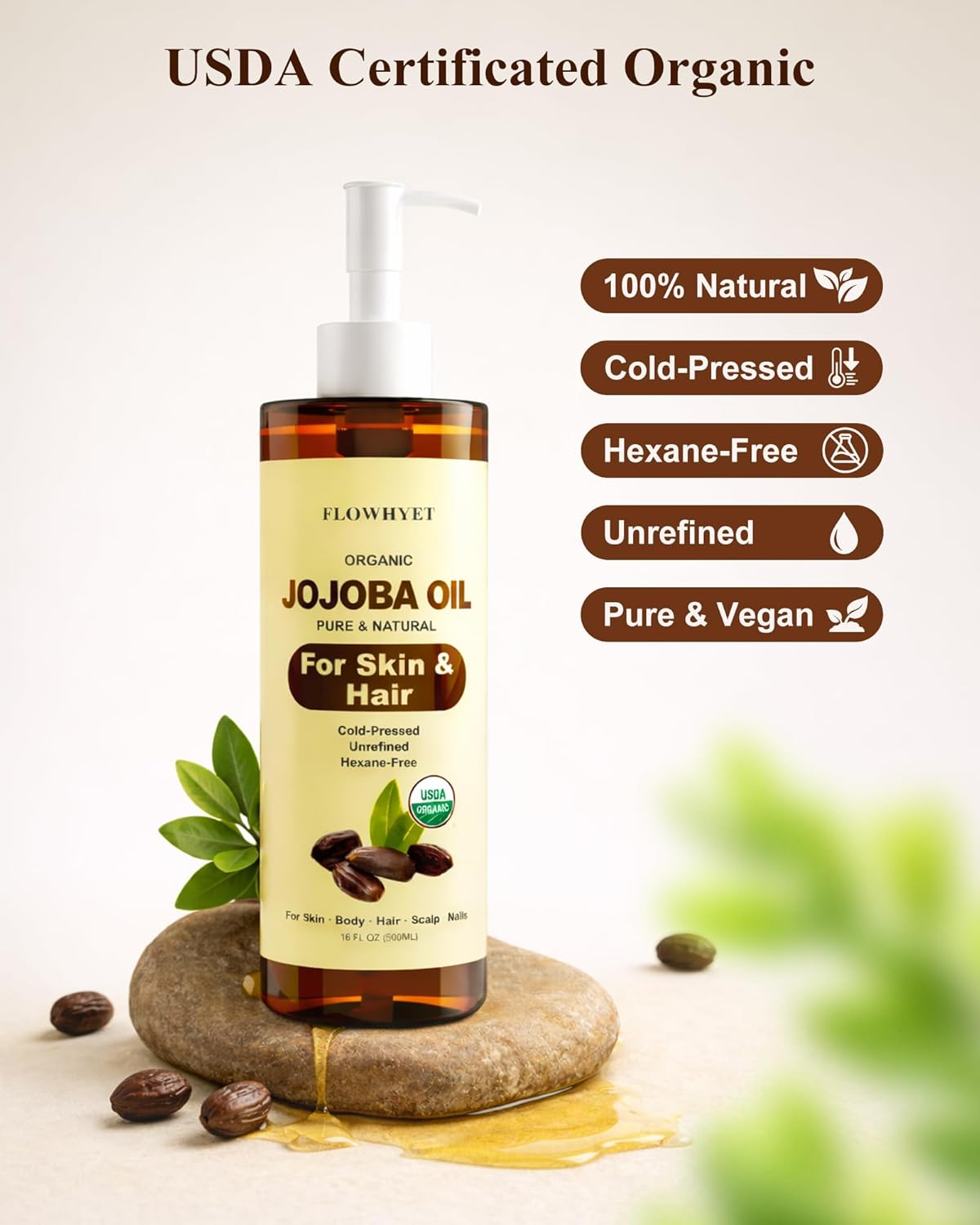 Jojoba Oil Organic Cold Pressed, USDA Certified, 16 fl oz 2 Pack (32 fl oz), 100% Pure Jojoba Carrier Oil for Skin, Hair, Face, Body, Scalp & Nails, Unrefined, Hexane-Free