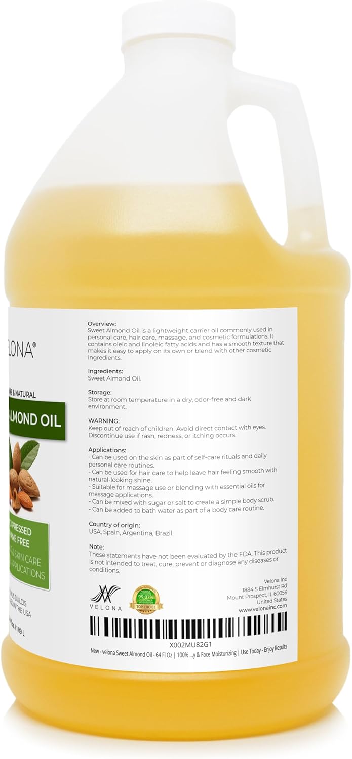 velona Sweet Almond Oil - 64 Fl Oz | 100% Pure and Natural Carrier Oil |Cold Pressed | Skin, Hair, Body & Face Moisturizing | Use Today - Enjoy Results…