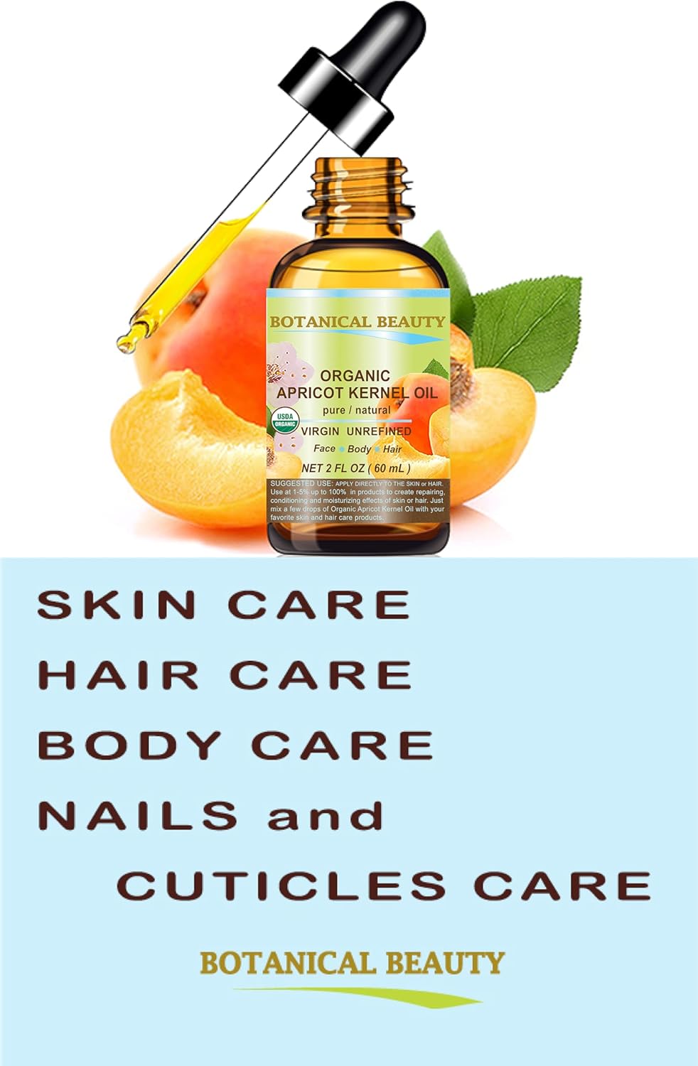 Botanical Beauty ORGANIC APRICOT KERNEL OIL Australian. 100% Pure Virgin Unrefined Cold Pressed Carrier Oil 1 oz- 30 ml. For Face, Hair, Body, Nails, Skin, Anti - aging