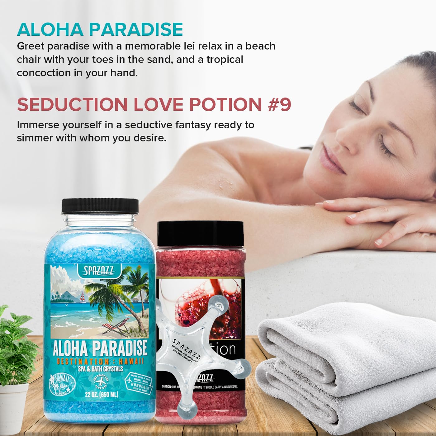 Spazazz Spa Aromatherapy Crystals for Hot Tub -Couples Gift for Love, Romance, Anniversaries -Love Potion #9 Seduction 17oz -Destinations Hawaii Aloha Paradise 22oz with 5 Point Full Body Massage Tool