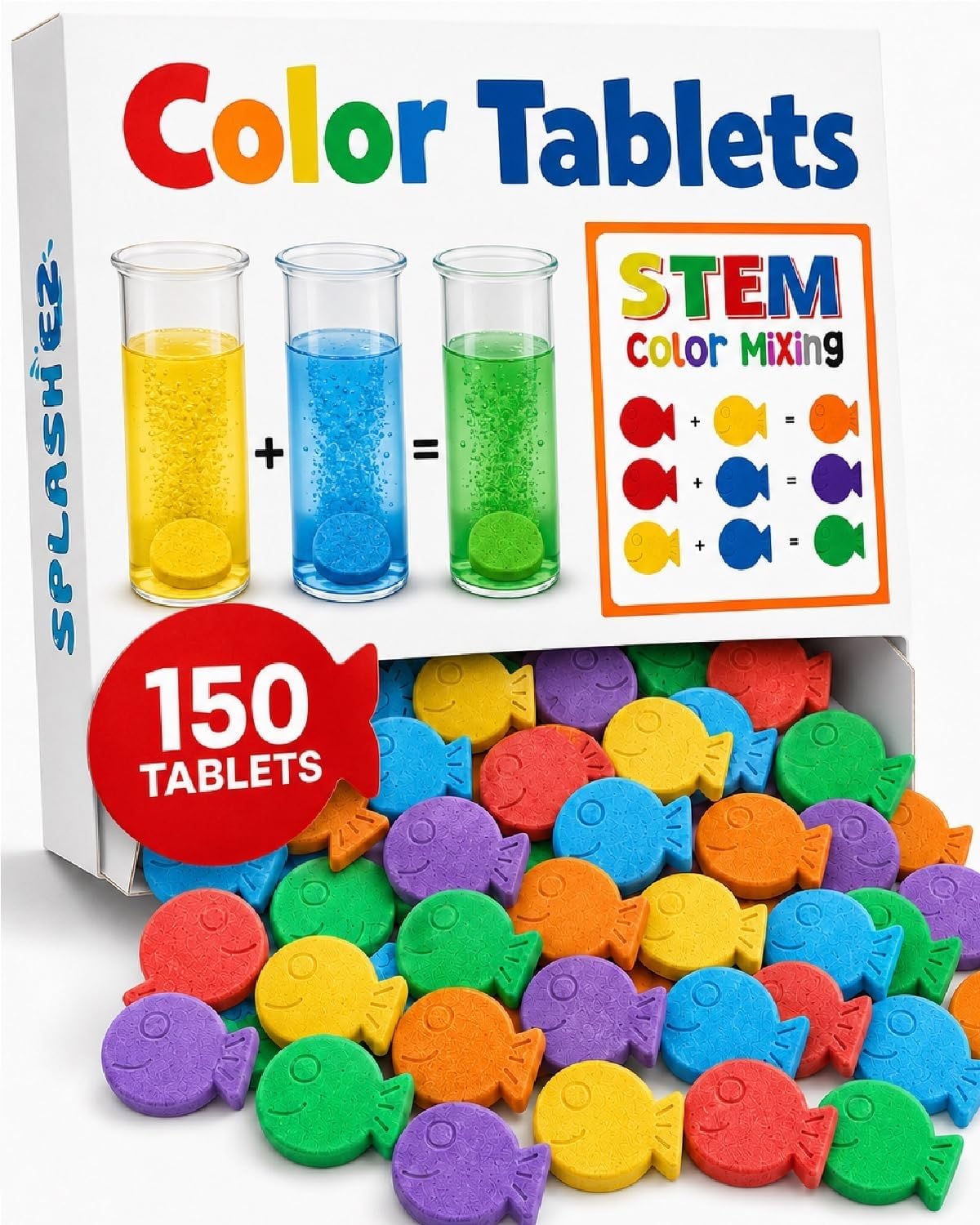 SplashEZ STEM Bath Color Tablets for Kids 150 Count - Fizzy Bath Bombs for Kids and Toddlers, Non Toxic, Fragrance Free, No Tub Staining, Easy Clean, Toys for Kids