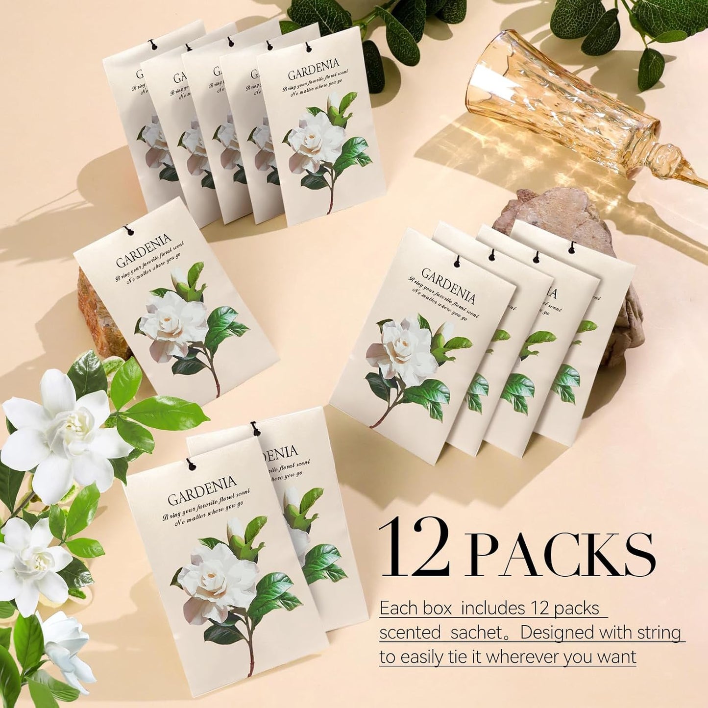 Gardenia Scented Sachet Bags - 12 Pack Drawer & Closet Freshener, Long Lasting Odor Eliminator for Wardrobes, Cars & Storage, Home Fragrance Air Freshener Sachets