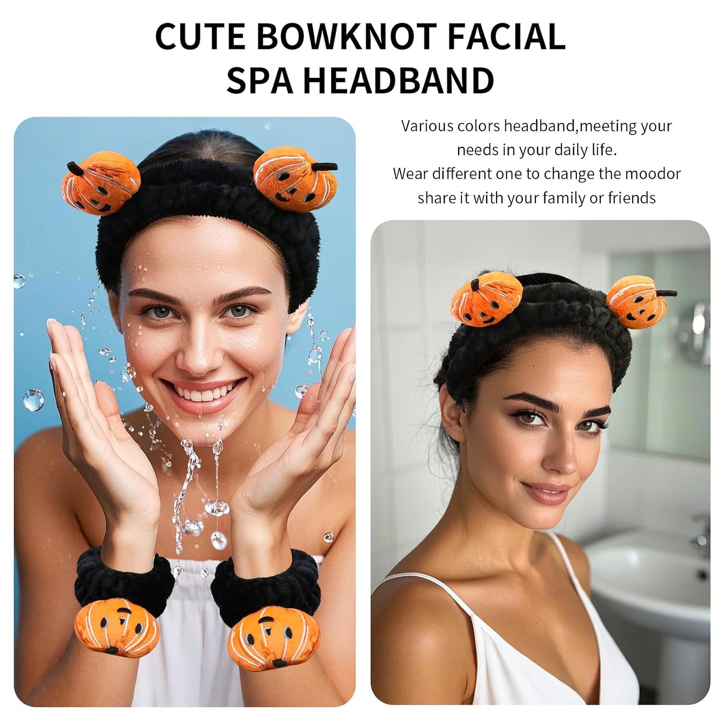 Kawaii Spa Headband and Wristband Set for Women Girls, Cute Halloween Skincare Headbands for Face Washing, Fluffy Makeup Headband for Washing Face, Bath, Shower and Beauty, Black Pumpkin