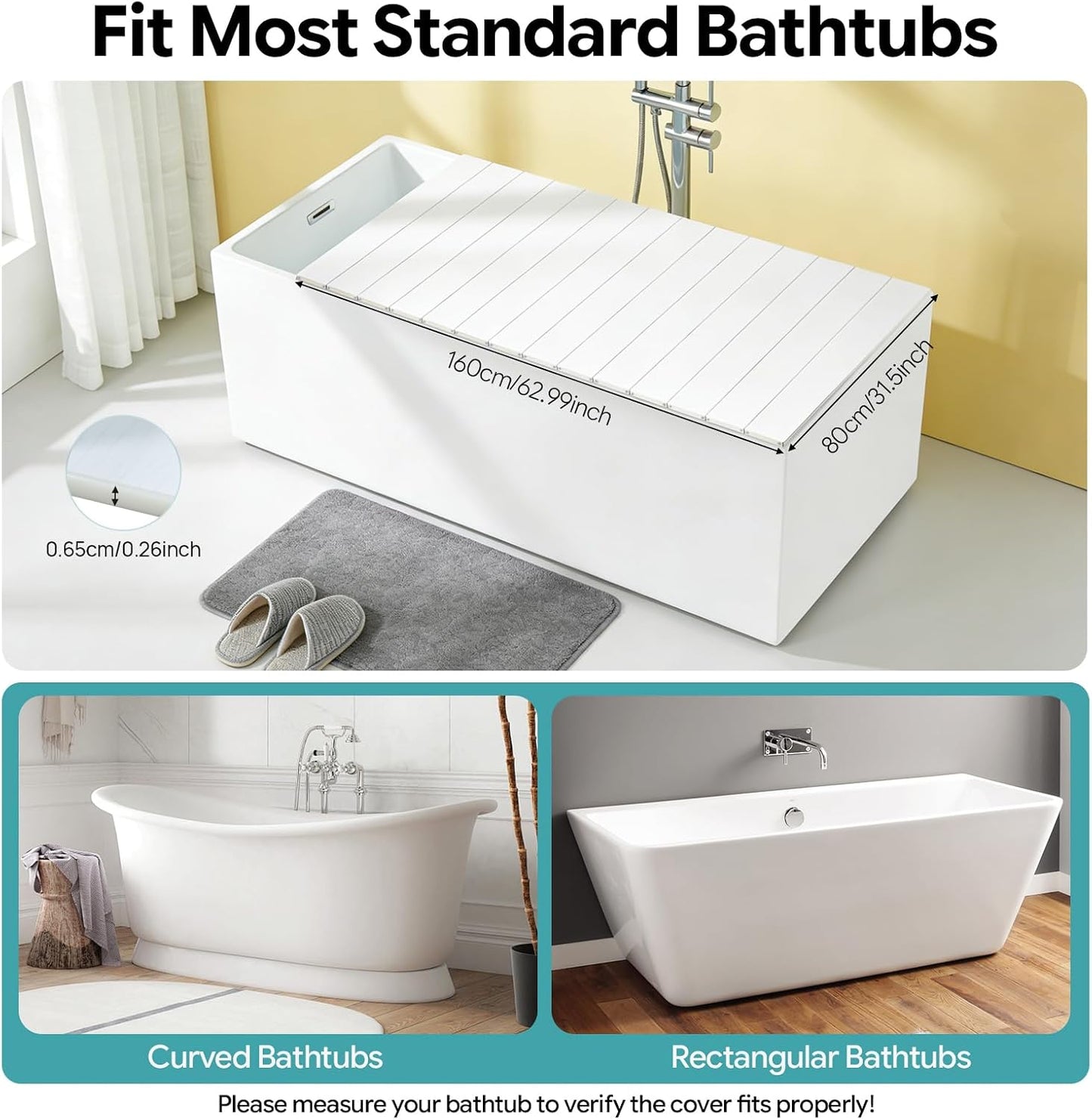Bathtub Cover, Folding Dust Board Bathtub Insulation Cover Freestanding Tub Covers PVC Shutter Bath Lid Plate Fits Most Tubs for Bathroom Shower (62.99 * 31.50 * 0.26 in)