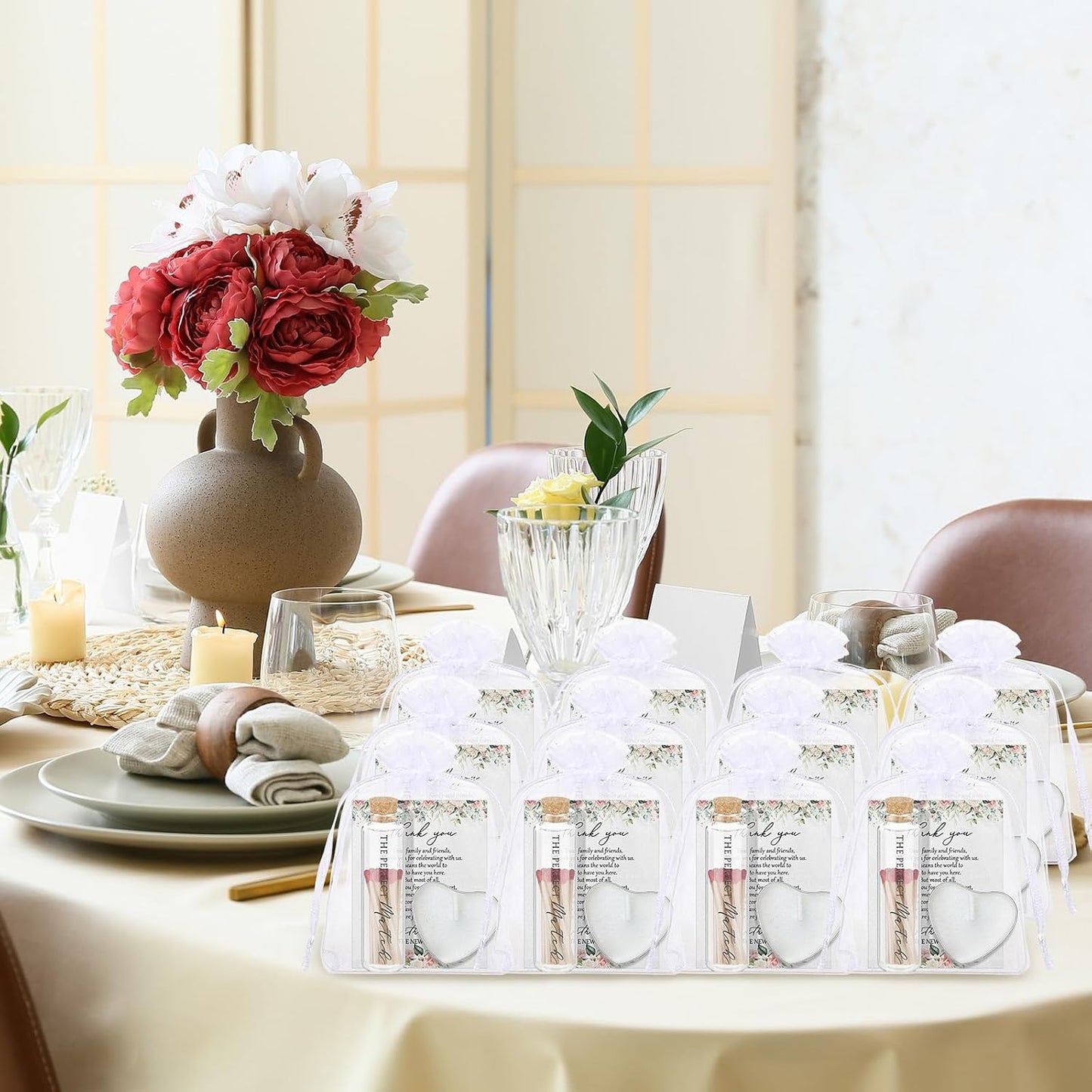 50 Sets Wedding Party Favors for Guests Bulk Including Heart Shaped Candles and Empty Matches Jars with Cork Top Thank You Cards and Organza Bags for Wedding Bridal Shower Party (Flower)
