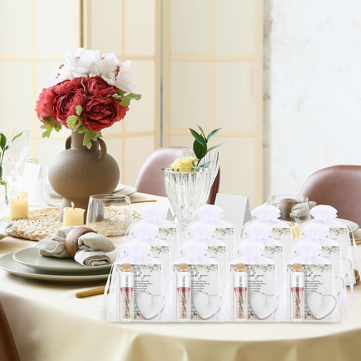 50 Sets Wedding Party Favors for Guests Bulk Including Heart Shaped Candles and Empty Matches Jars with Cork Top Thank You Cards and Organza Bags for Wedding Bridal Shower Party (Flower)