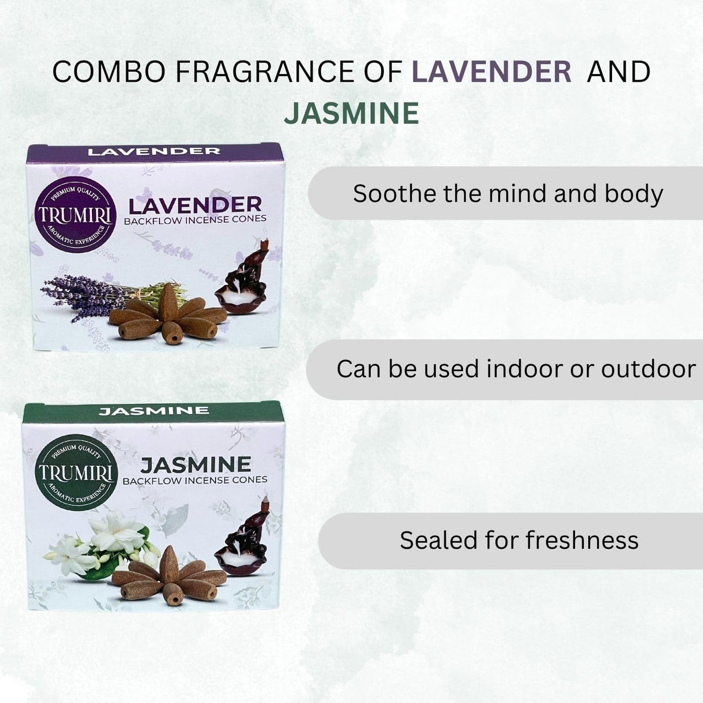TRUMIRI Backflow Incense Cones - Combo Pack of 20 Incense Cones Waterfall - 10 Lavender + 10 Jasmine - Incense Backflow Cones - Waterfall Incense Cones - Incense Waterfall Cones