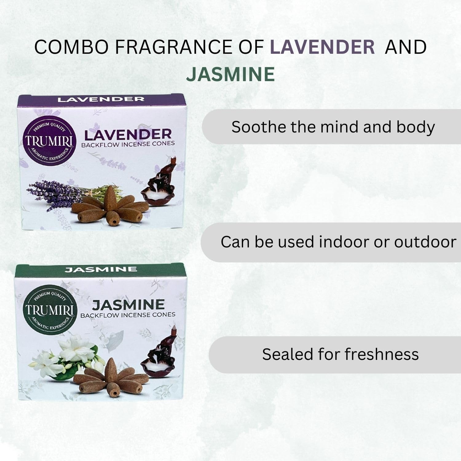 TRUMIRI Backflow Incense Cones - Combo Pack of 20 Incense Cones Waterfall - 10 Lavender + 10 Jasmine - Incense Backflow Cones - Waterfall Incense Cones - Incense Waterfall Cones