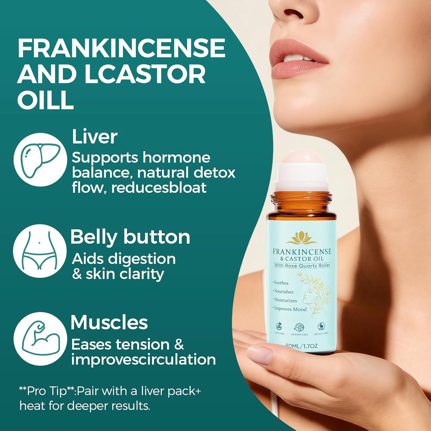 Frankincense and Castor Oil Roll On with Rose Quartz | 100% Pure Organic Cold-Pressed Castor Oil–Firms Skin, Reduces the Look of Fine Lines,Supports Hormonal Balance–For Face, Neck & Abdomen,1.7 fl oz