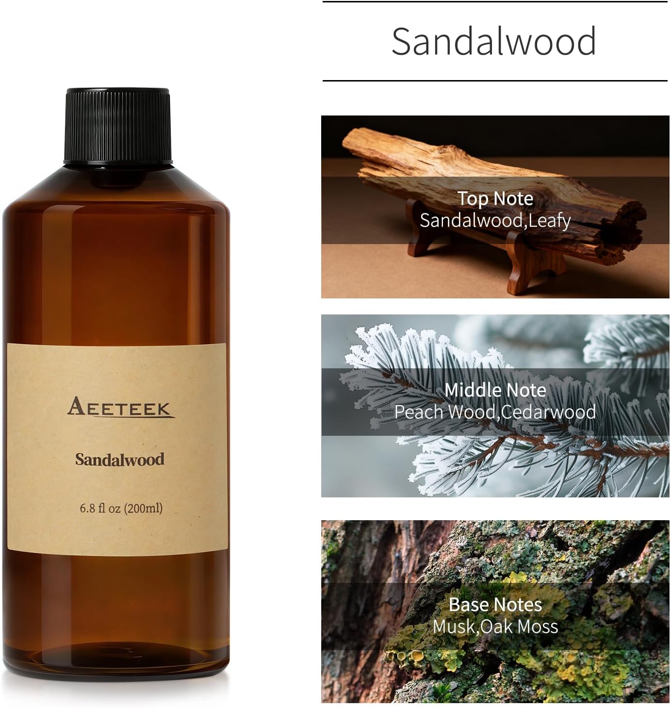 Reed Diffuser, Sandalwood Essential Oil Refill with Diffuser Sticks, 6.8 Fl Oz (200ml) Woody Scented Diffusers, Long-Lasting Fragrance for Home Decor