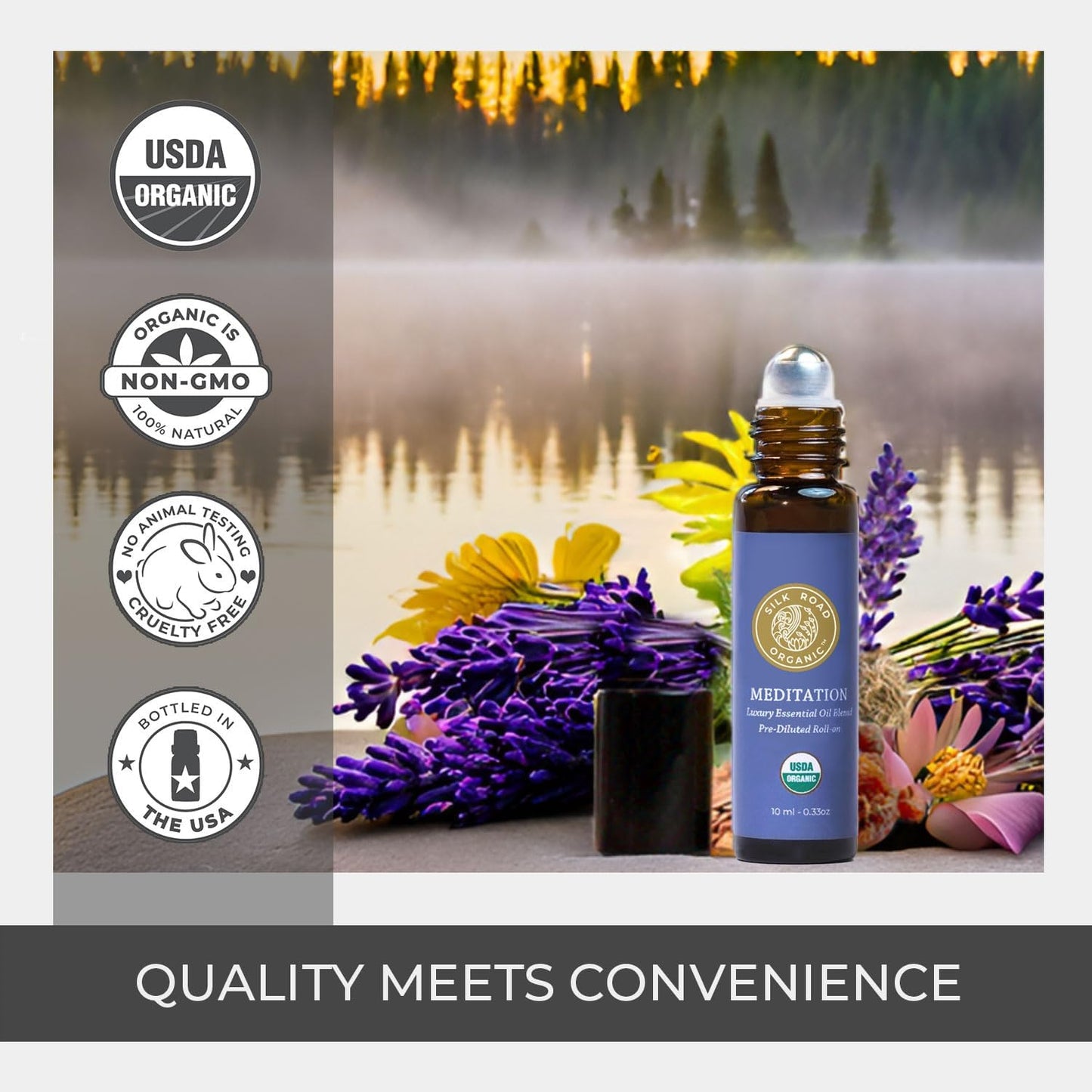 Silk Road Organic Meditation Essential Oil Balancing Blend Roll On,100% Pure USDA Certified Aromatherapy for Chakra Healing, Focus, Calming, Mindfulness & Spiritual Well-Being - 10ml Roller