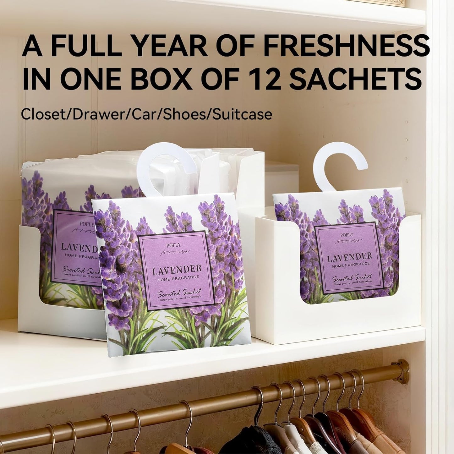 12 Pack Lavender Scented Sachets, Long-Lasting Fresh Scent, Air Freshener for Closet & Drawers, Hanging Deodorizer for Home