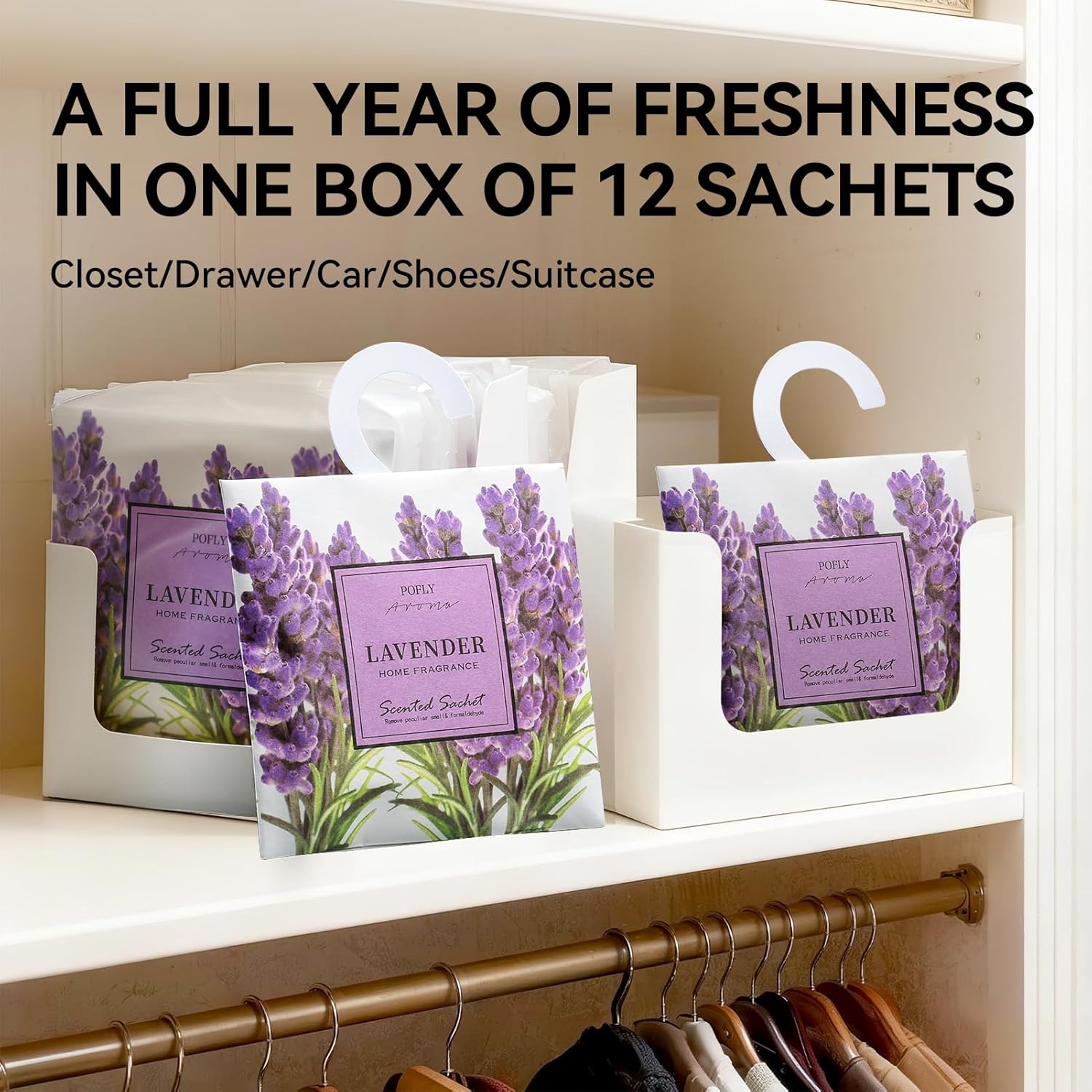 12 Pack Lavender Scented Sachets, Long-Lasting Fresh Scent, Air Freshener for Closet & Drawers, Hanging Deodorizer for Home