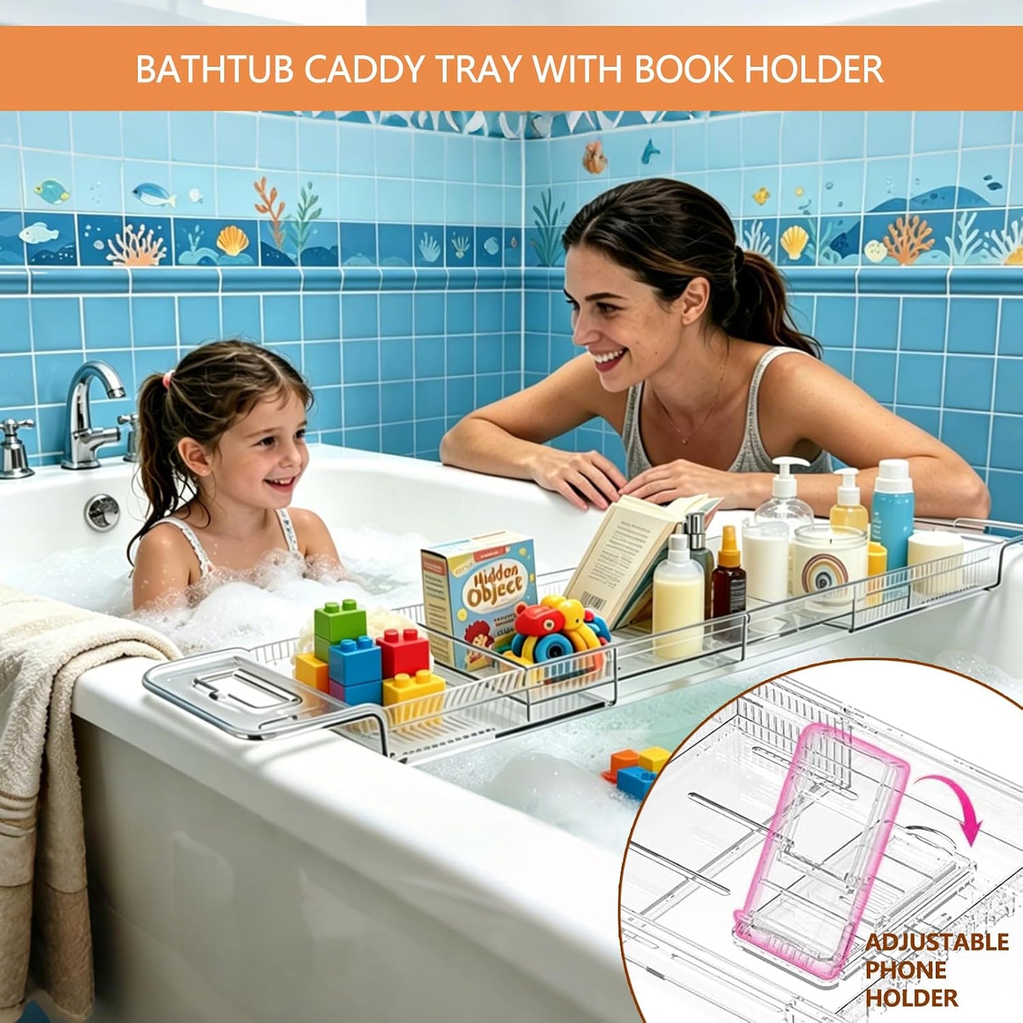 Expandable Bathtub Tray Caddy,Clear Acrylic Bath Tray for Tub,Bath Tub Table Tray with Book&Tablet&Phone Holder,Foldable Bath Shelf Over Tub,Bath Accessories&Bathtub Organizer for Luxury Home Spa