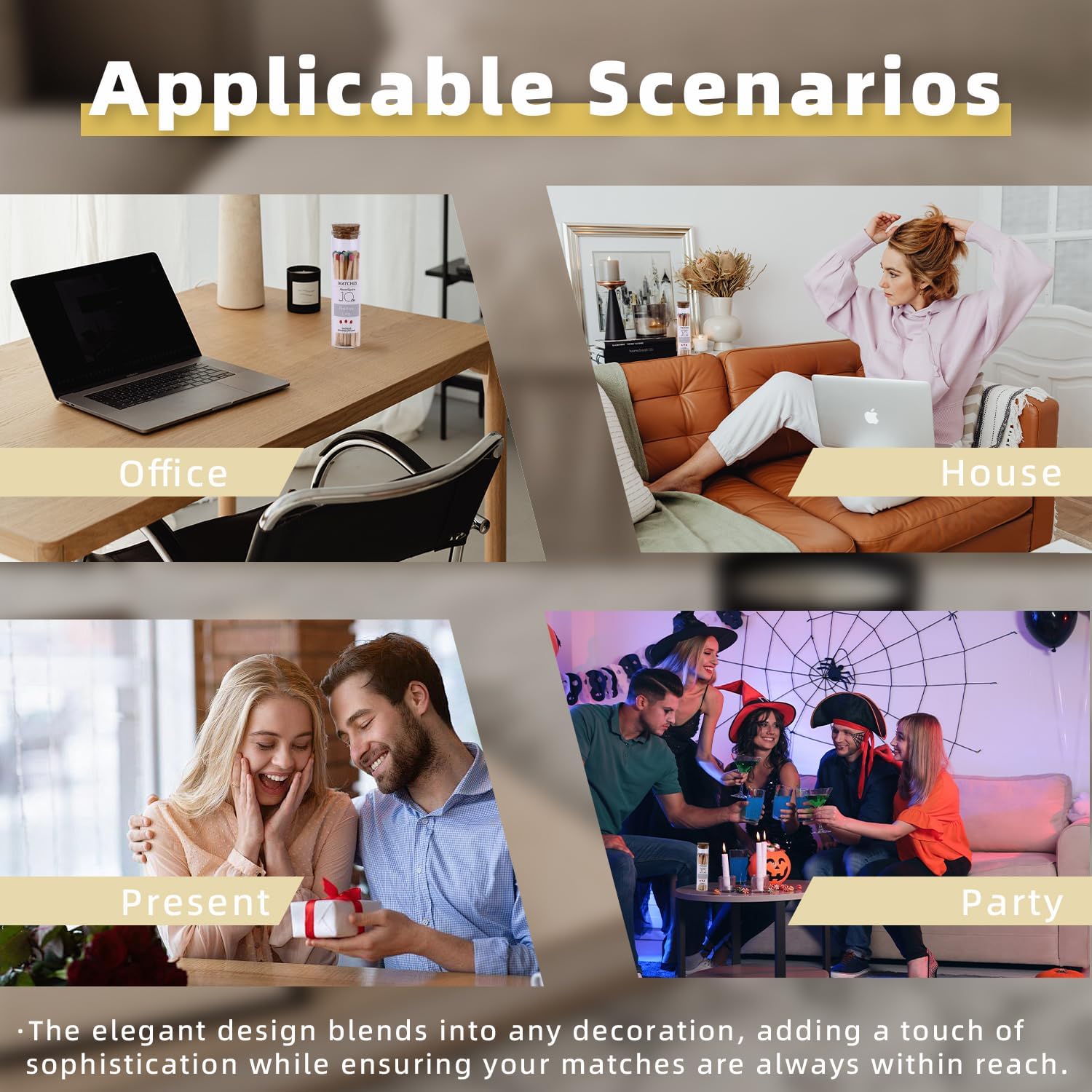 4" White Matches Included with Match Holder, 3 Glass Matches Bottles with Candle Matches in a Jar, Long Fireplace Matches for Grill Fireplace BBQ, Long Wooden Matchsticks for Custimiz Events