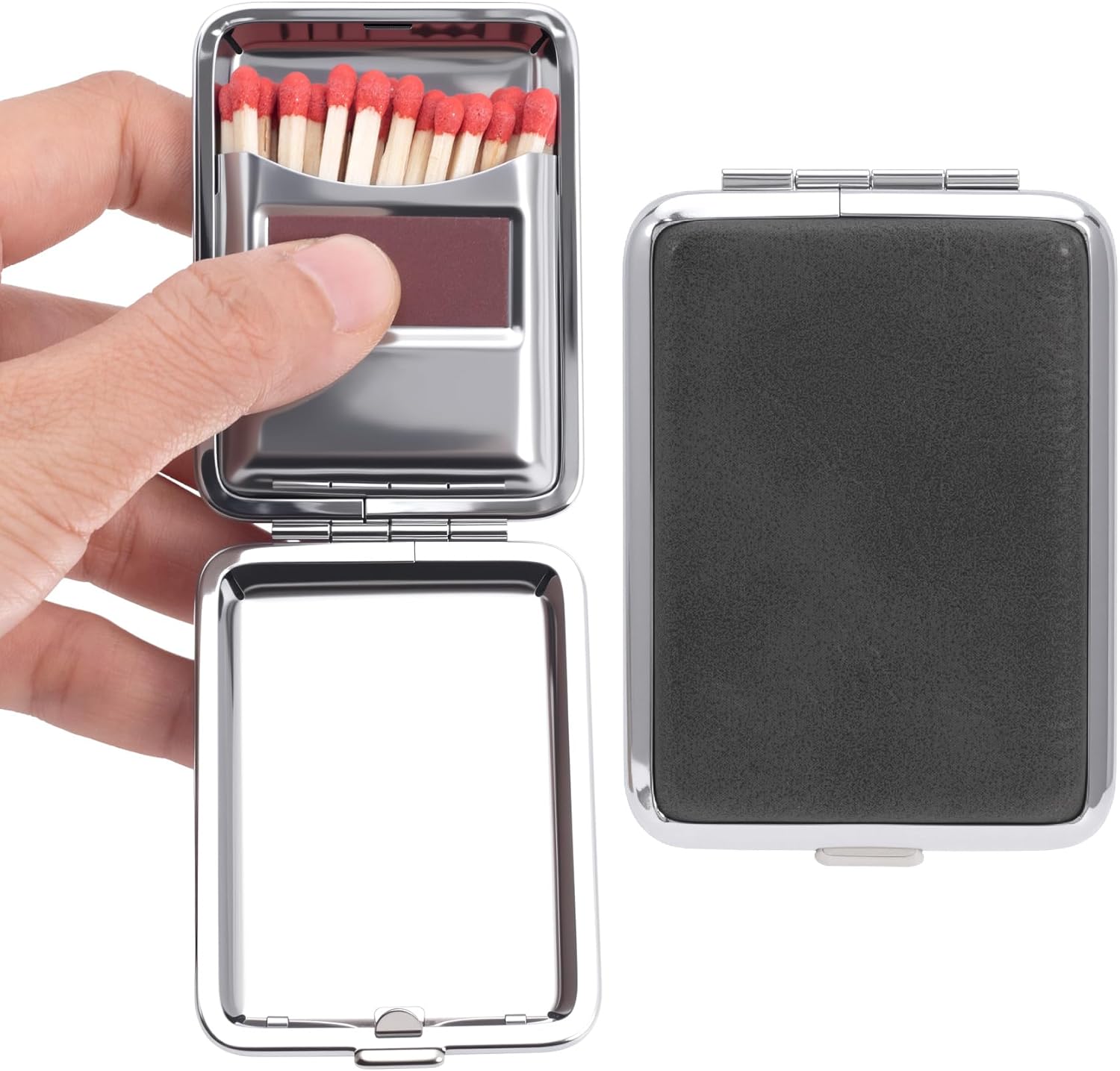 Stainless Steel Match Box Case with Friction Plate, Portable Waterproof Matchbox Storage Case, Reusable Pocket Matchstick Holder for Camping Hiking Fishing Travel Outdoor Activities- Black