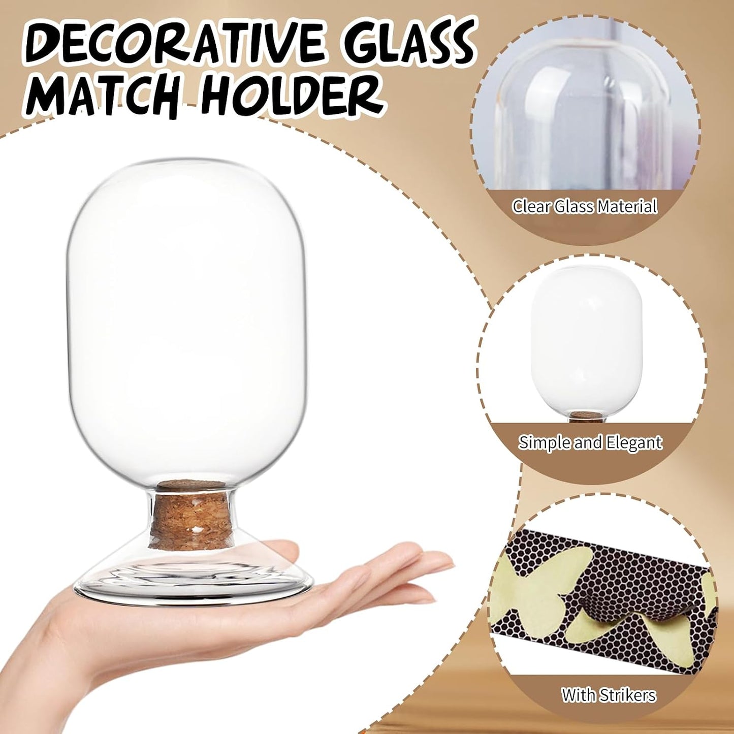 Glass Match Holder Jar with Striker, Decorative Glass Container for Matches for Bathroom Fireplace and Home Display (Simple)