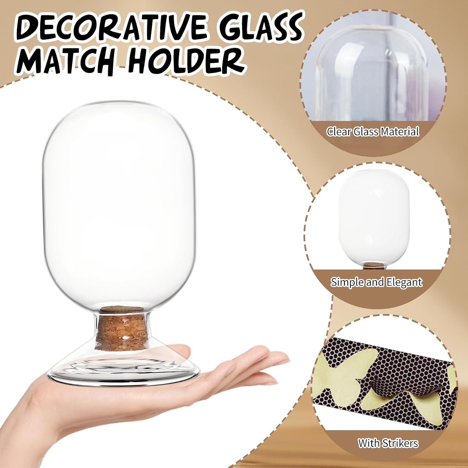 Glass Match Holder Jar with Striker, Decorative Glass Container for Matches for Bathroom Fireplace and Home Display (Simple)