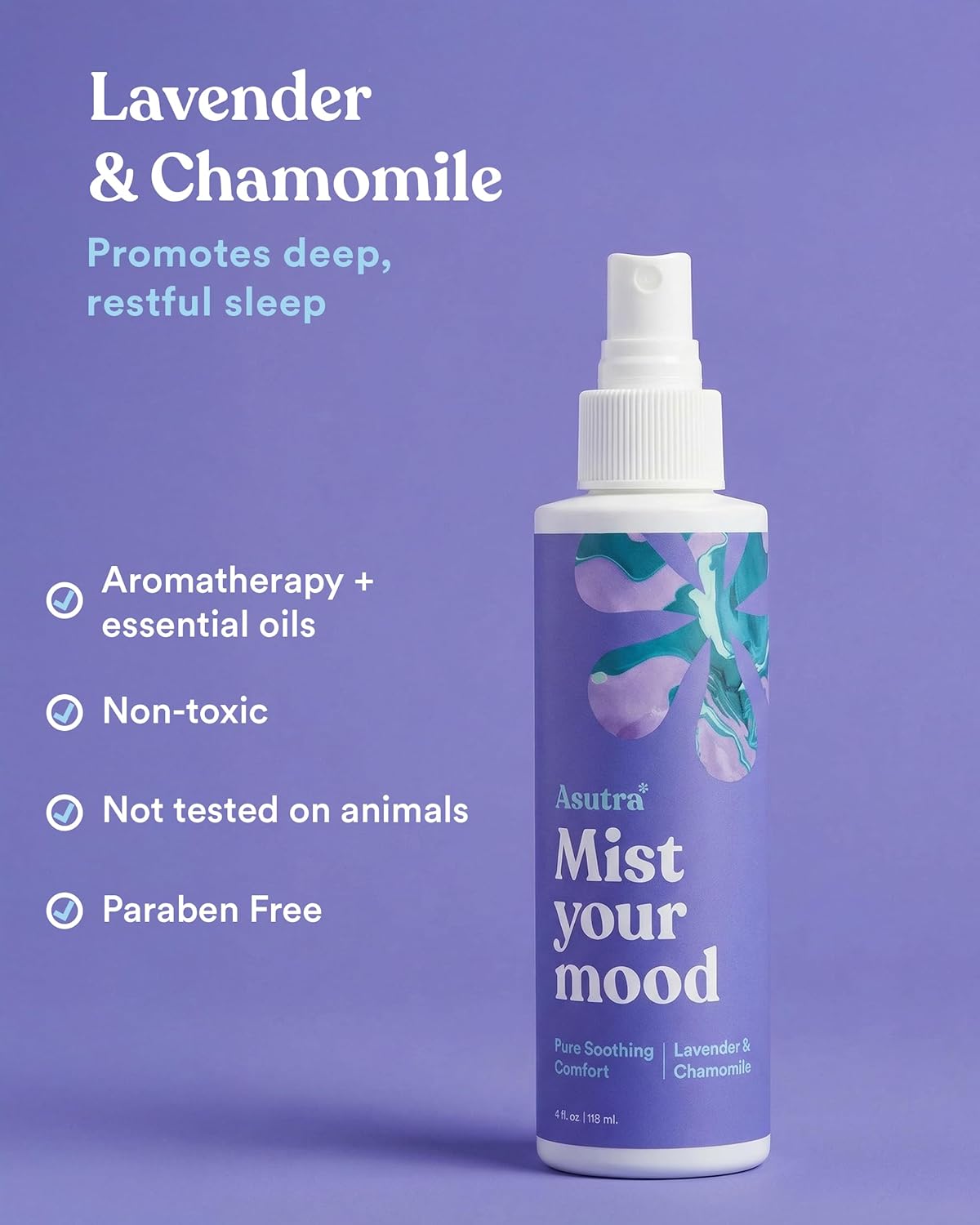 Asutra Lavender & Chamomile Multi-Use Natural Aromatherapy Room Spray, Calming Linen & Pillow Mist, Fabric Spray for Sleep & Bed, 4 fl oz