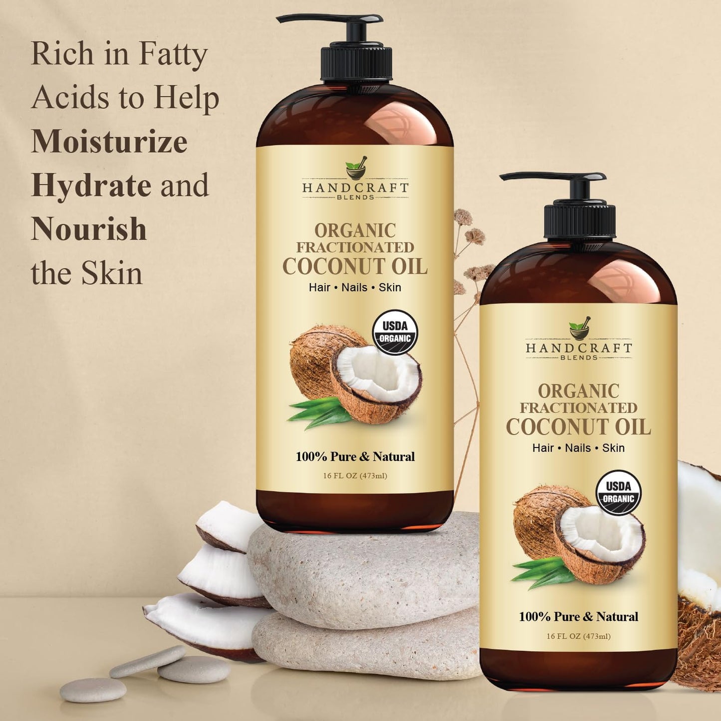 Handcraft Blends Organic Fractionated Coconut Oil | 100% Pure and Natural | Bath & Body Oil | Premium Grade Carrier Oil | Skin | Hair | Body | Massage | Hexane-Free | 16 Fl Oz