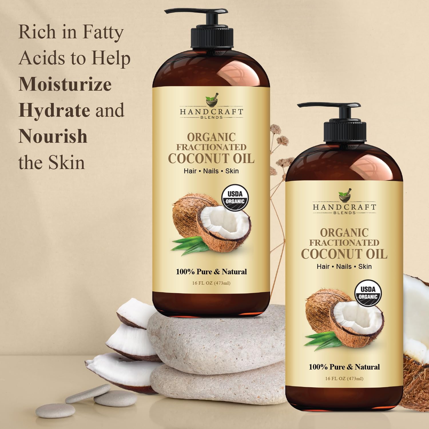 Handcraft Blends Organic Fractionated Coconut Oil | 100% Pure and Natural | Bath & Body Oil | Premium Grade Carrier Oil | Skin | Hair | Body | Massage | Hexane-Free | 16 Fl Oz