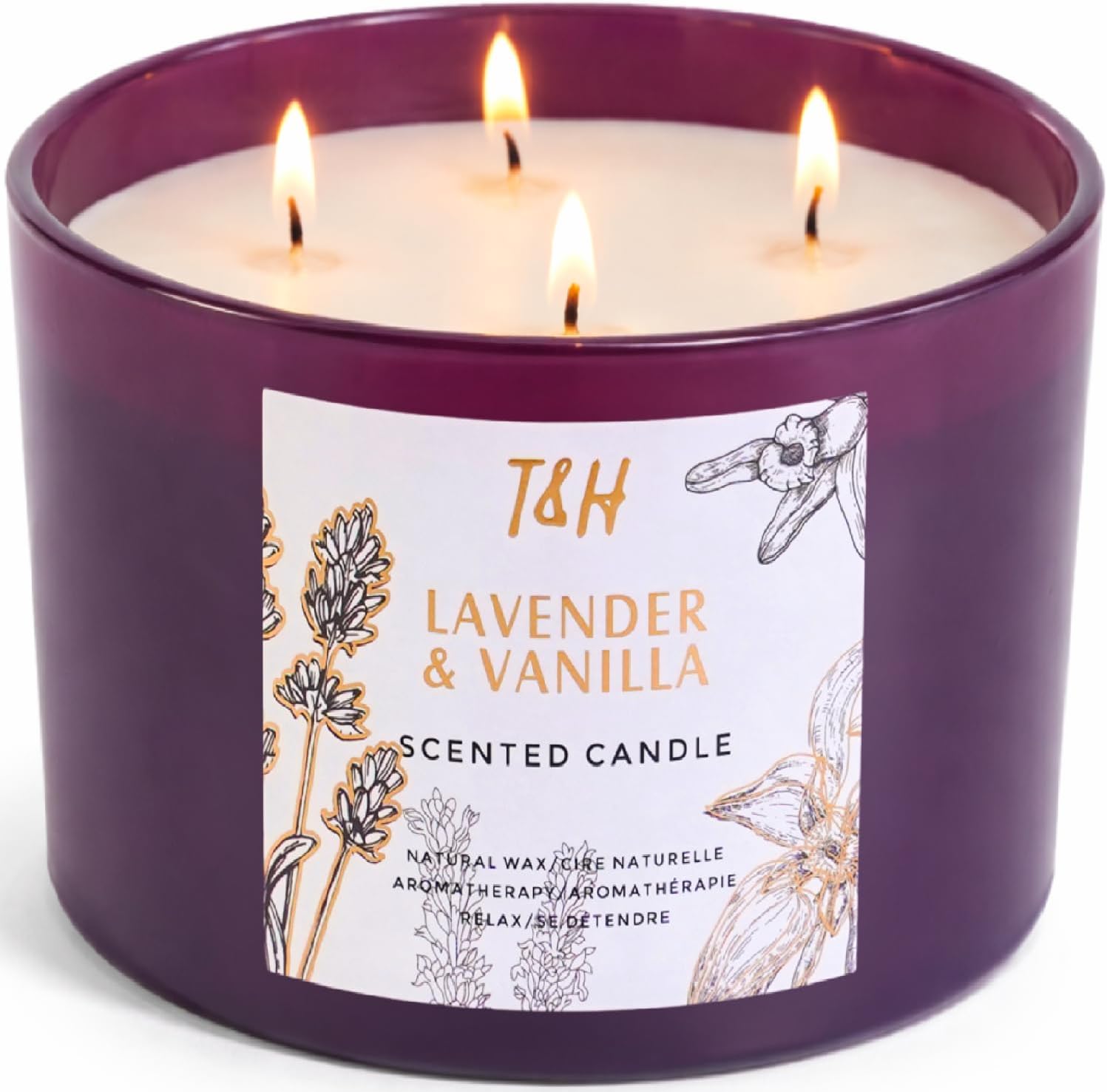 Lavender Vanilla Candle | 4 Wick Extra Large Scented Soy Candles 20 oz | Highly Scented Aromatherapy Lavender Candle for Women | Relaxing Stress Relief Home Scent | Long Lasting Clean Burn