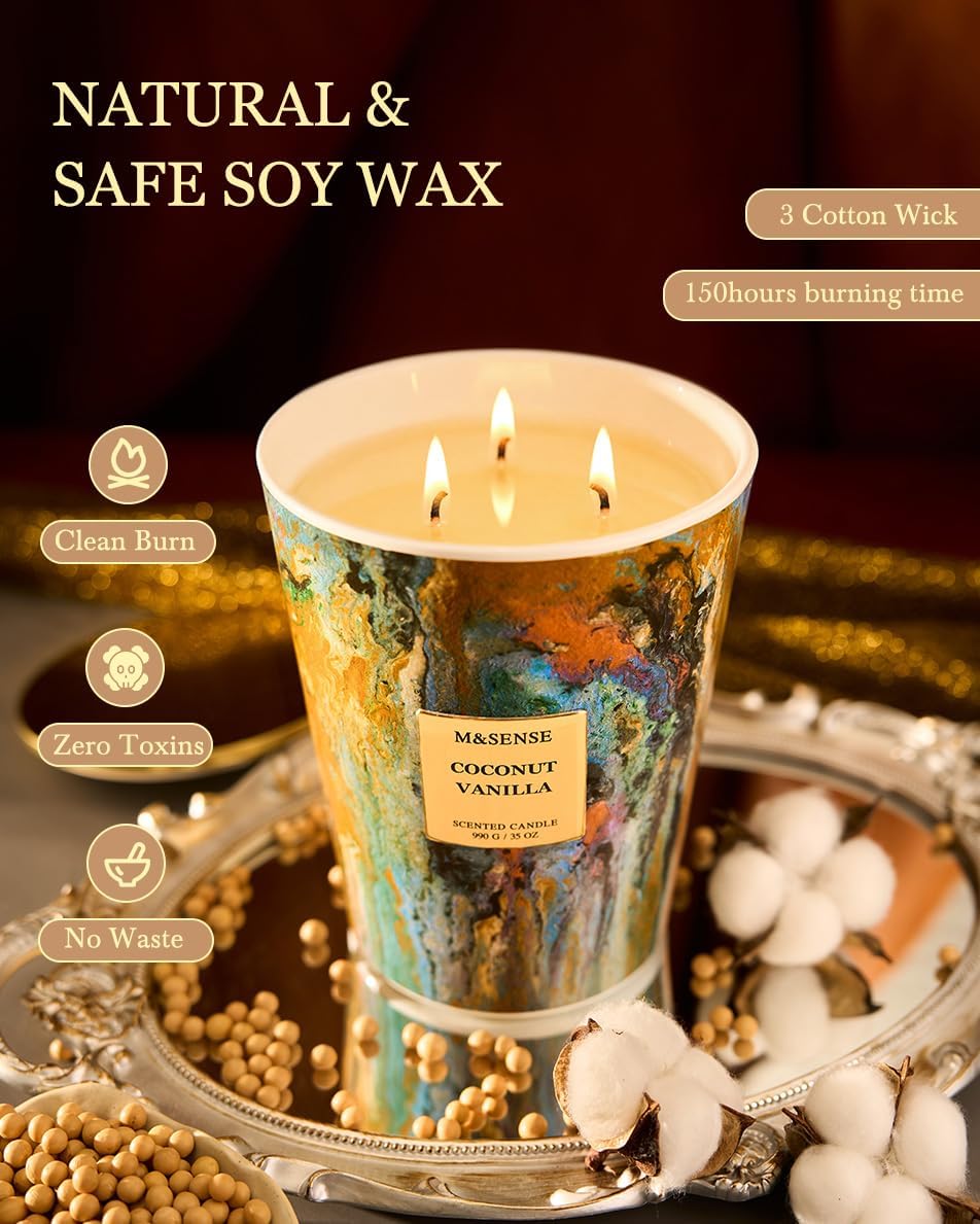 M&SENSE Large 3-Wick Coconut Vanilla Scented Soy Candle | 35oz, 150 Hours, Non-Toxic, Summer Party Essential, Spa Home Fragrance & Decor