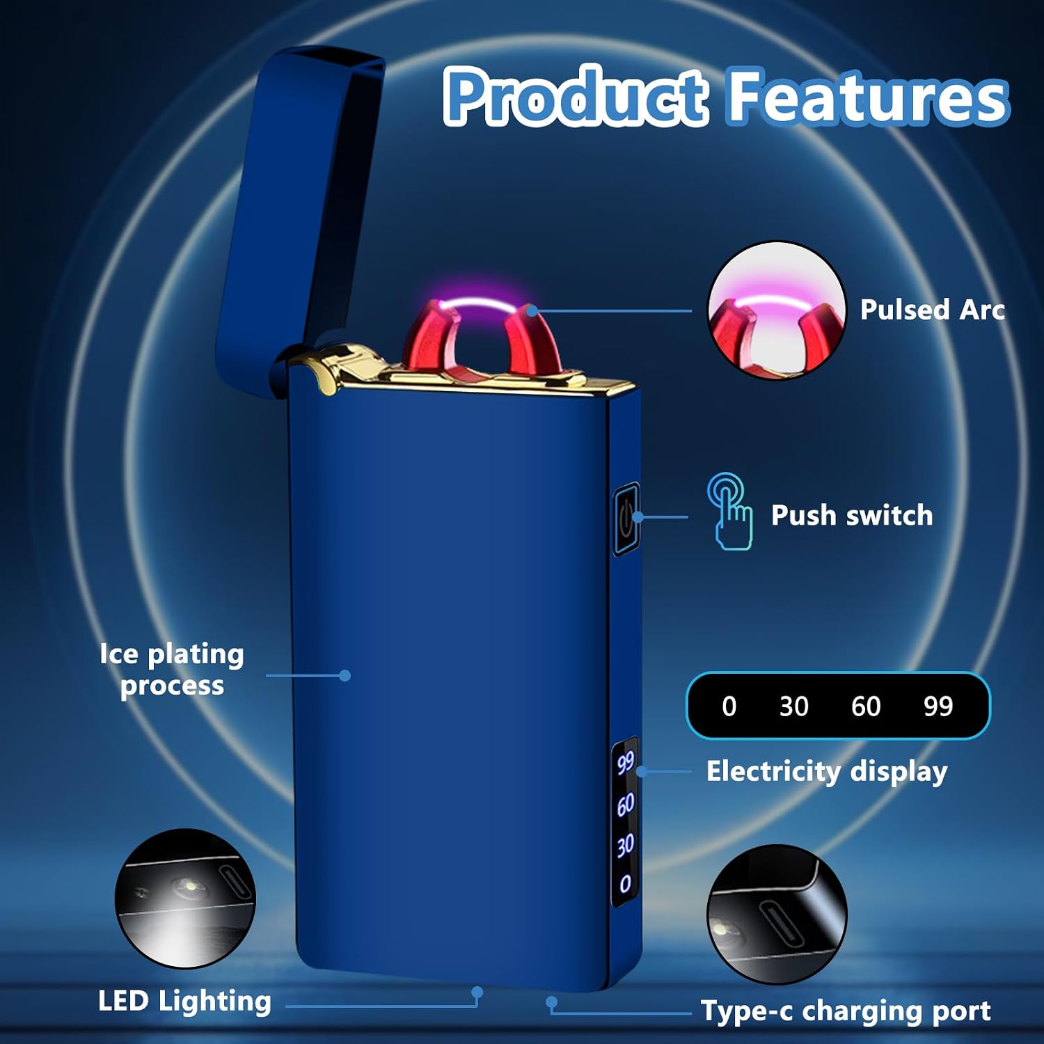 Plasma Lighter Rechargeable Electric Lighter Arc USB C Electronic Windproof Lighters High Power Big Flame Lighters with Digital Power Display for Candle, Incense, Fireworks (Ice Blue)