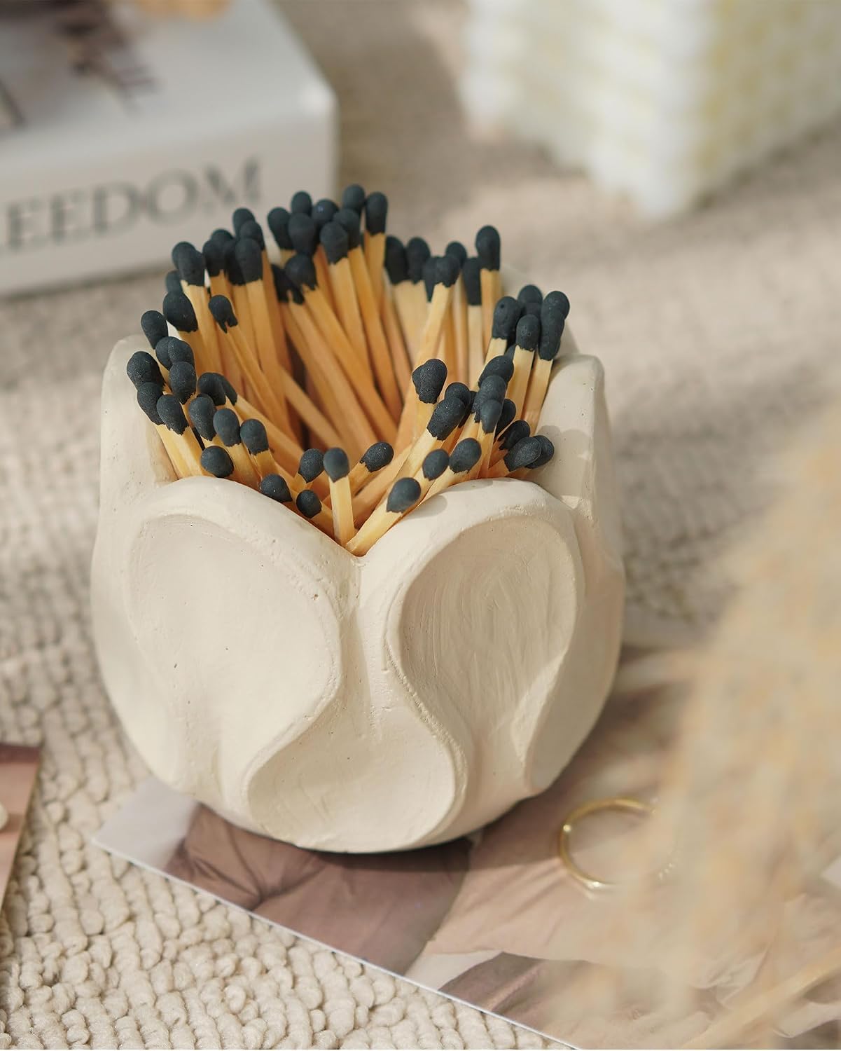 Concrete Matches Holder with Striker Large-Beautiful Flower Match in Jar-for Cute/Fancy/Long Candle Match,Refresh Any Modern Home Decor with Premium Jar-No Matches
