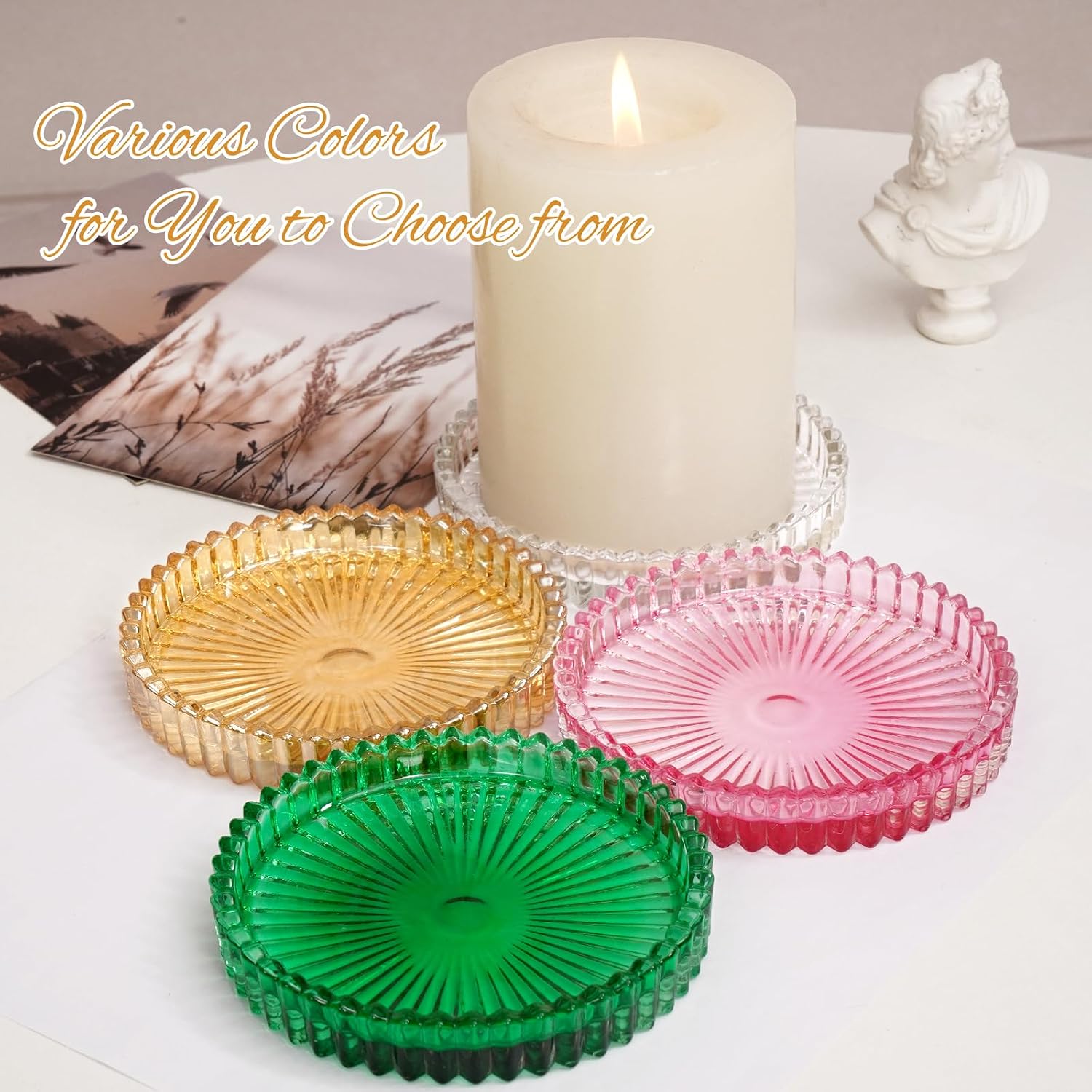 6 Pack 3.9 Inch Glass Pillar Candle Holder Plates, Round Gold Glass Plate Serrated Candle Stand, Candle Tray Plates for Wedding, Party, Dinning, Table Centerpiece and Home Decor