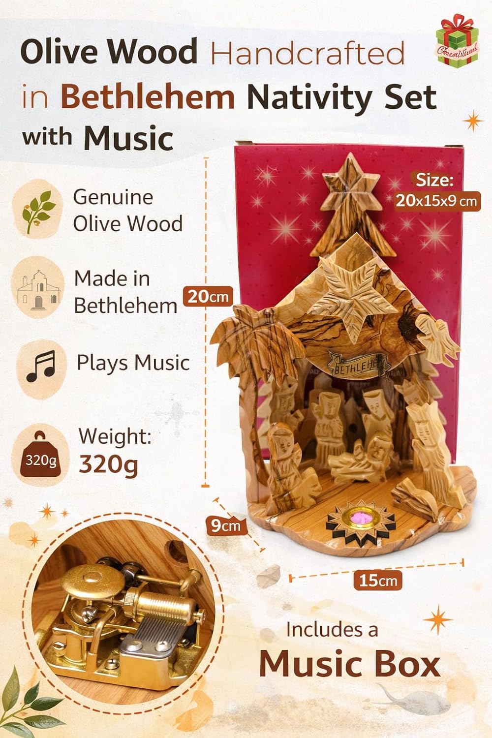 Zuluf Olive Wood Musical Nativity Set | Handcrafted Tabletop Christmas Scene with Incense & Holy Land Certificate | Christian Holiday Decor Gift for Home Display, 8x6 Inches