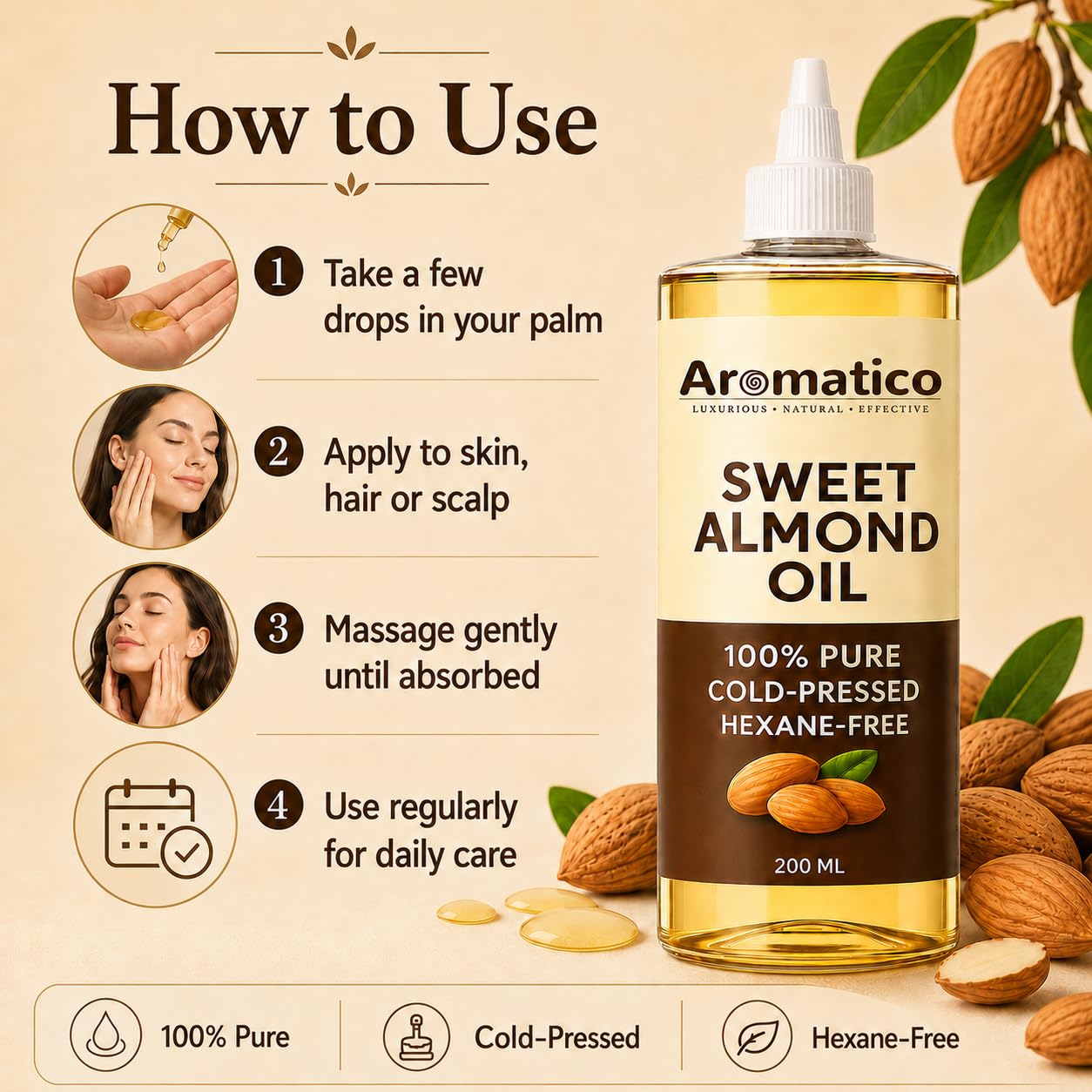 Aromatico Cold Pressed Sweet Almond Oil. Lightweight, Natural Moisturizing Oil for Hair, Skin & Body - 7 fl oz