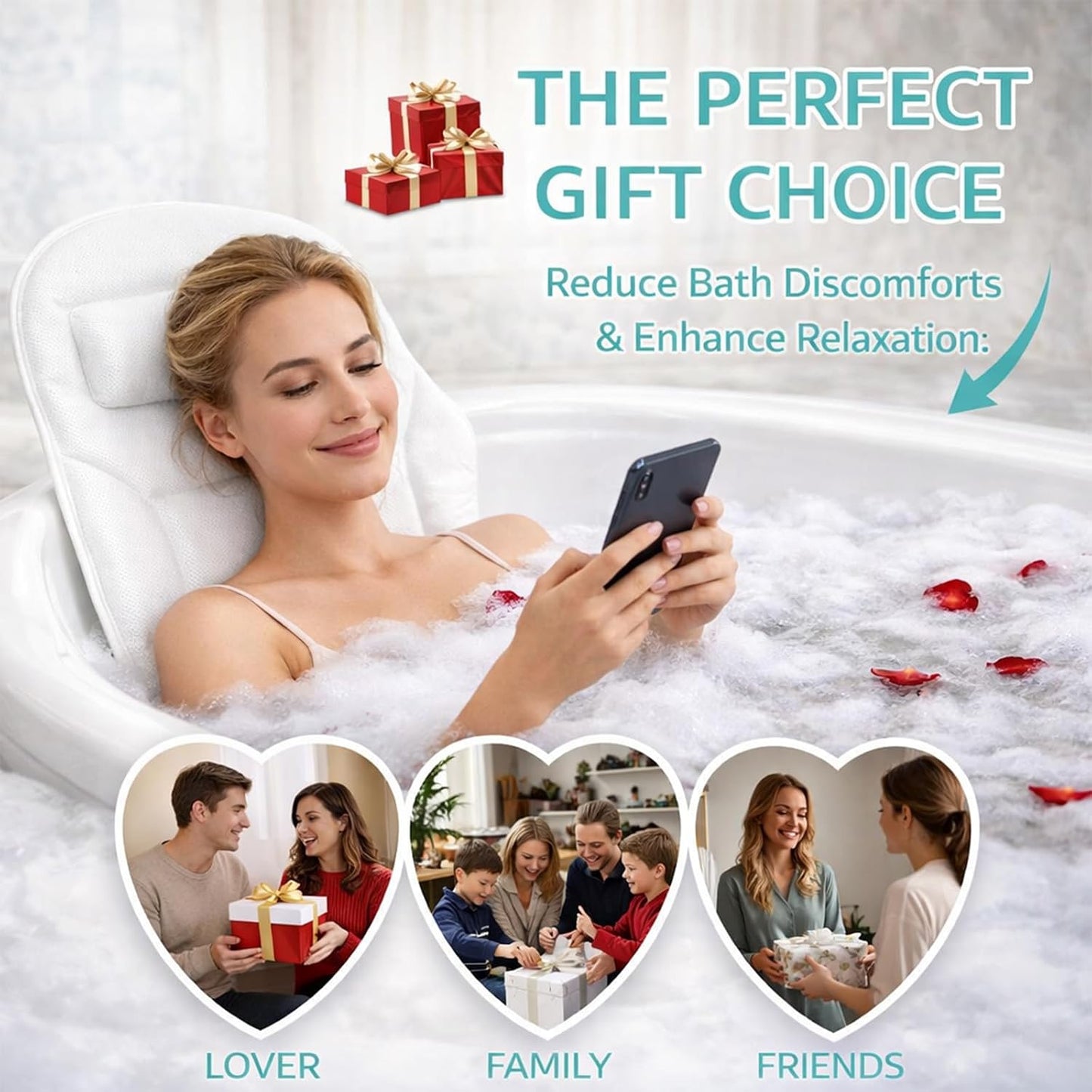 Full Body Bathtub Pillow with Lumbar Support, 5D Air Mesh Bathtub Cushion for Soaking Tub, 168 Suction Cups Full Bath Pillow for Post-Yoga Spa, Deep Relaxation & Romantic Baths