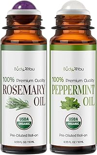 BodyJ4You Rosemary + Peppermint Essential Oil Roll On Duo - Pure 100% USDA Organic MCT Coconut Oil - Amethyst and Clear Quartz Stone Rollers - Scalp Care Focus Cooling Temples Neck Roots - Amber Glass