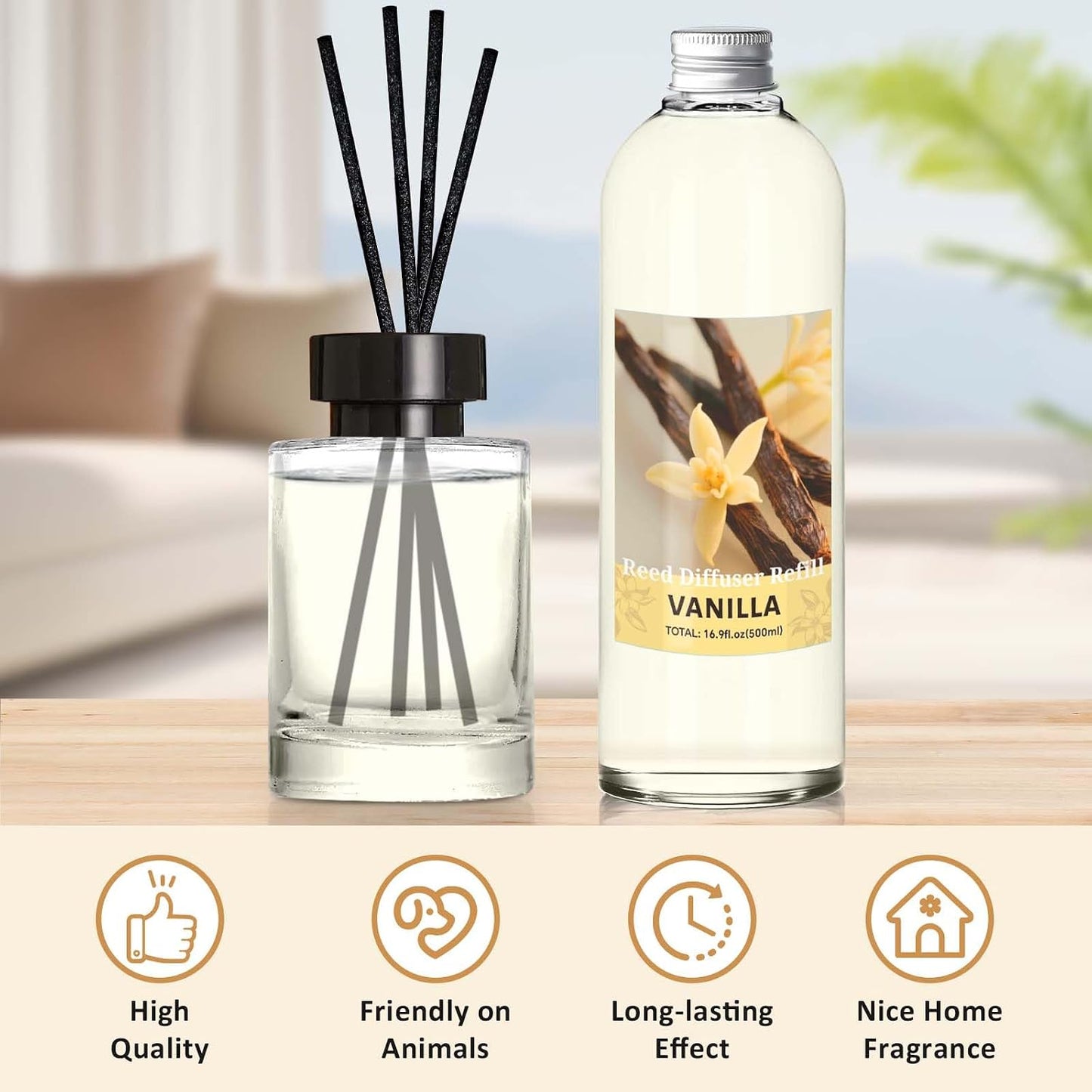STRN Reed Diffuser Refill, Vanilla Scent Diffuser 500ml | 16.9 oz with 6 Reed Sticks, Room Fresheners for Home, Long-Lasting Fragrance for Living Room, Bedroom, Office, Home Décor