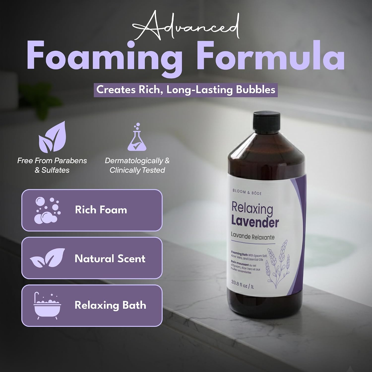 Luxury Foaming Bath - Natural Scented Bubble Bath with Essential Oils and Epsom Salt - Relaxing Lavender Scent, 33.8 fl oz / 1L