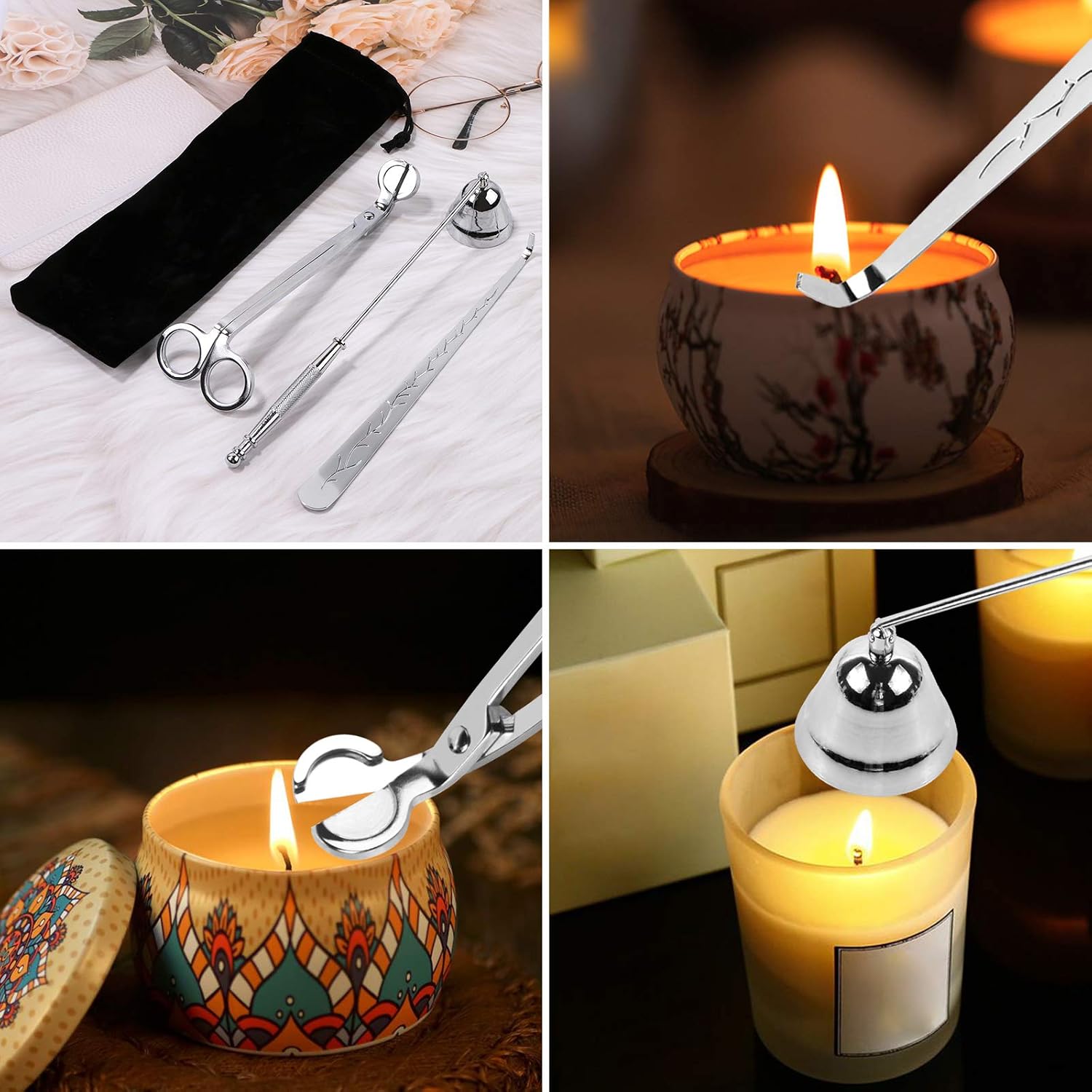 3 in 1 Candle Accessory Set Included Stainless Steel Candle Wick Trimmer,Candle Snuffer,Candle Wick Dipper, Candle Cutter Tool Kit, Silver - 3 Pcs Set