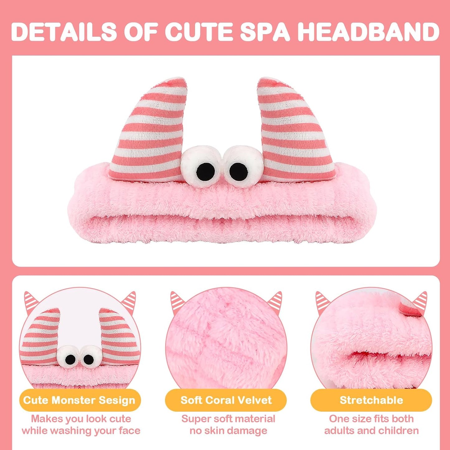 CAVETEE Monster Headband, Cute Soft Coral Fleece Spa Headbands for Washing Face Skincare Makeup Hair Accessories for Women