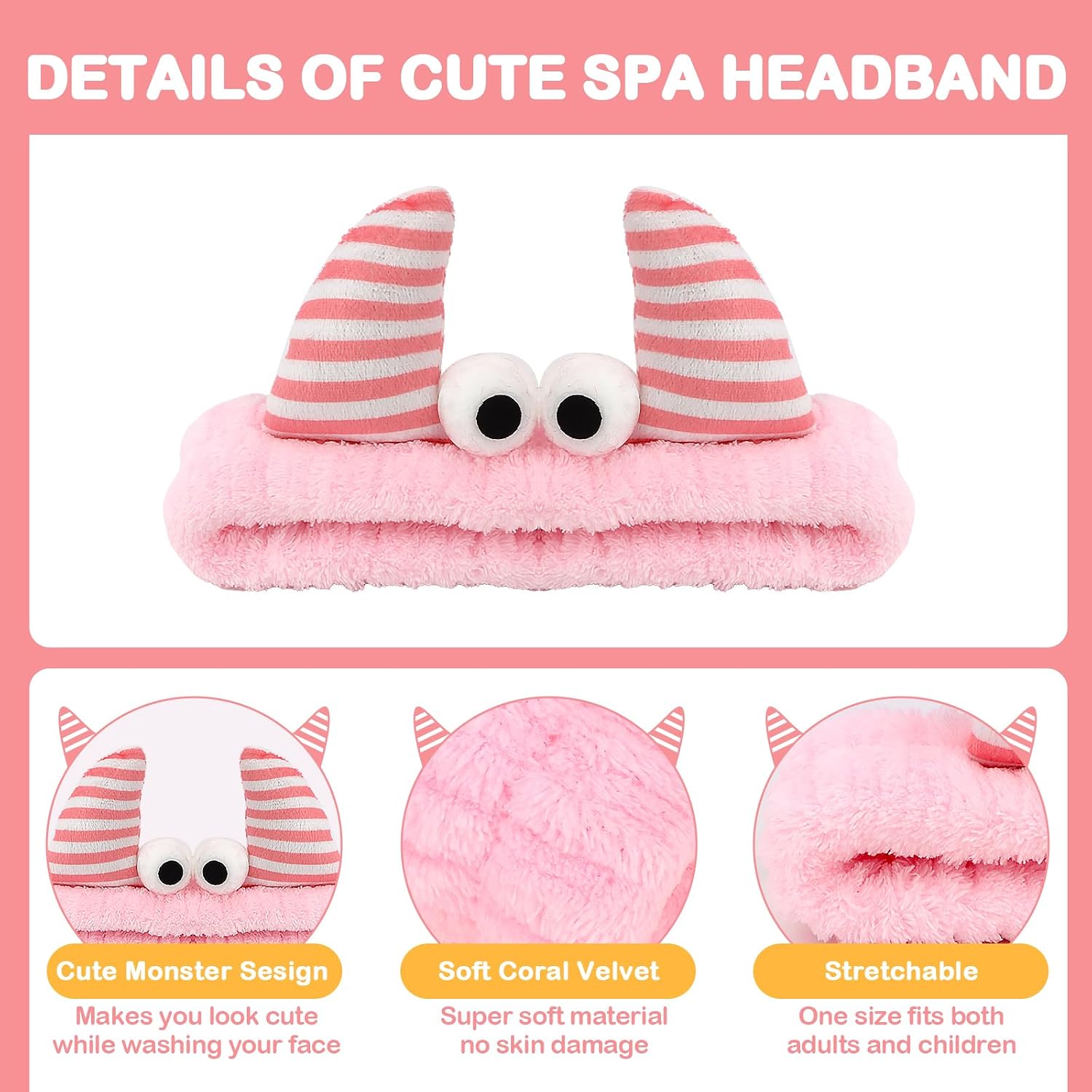 CAVETEE Monster Headband, Cute Soft Coral Fleece Spa Headbands for Washing Face Skincare Makeup Hair Accessories for Women